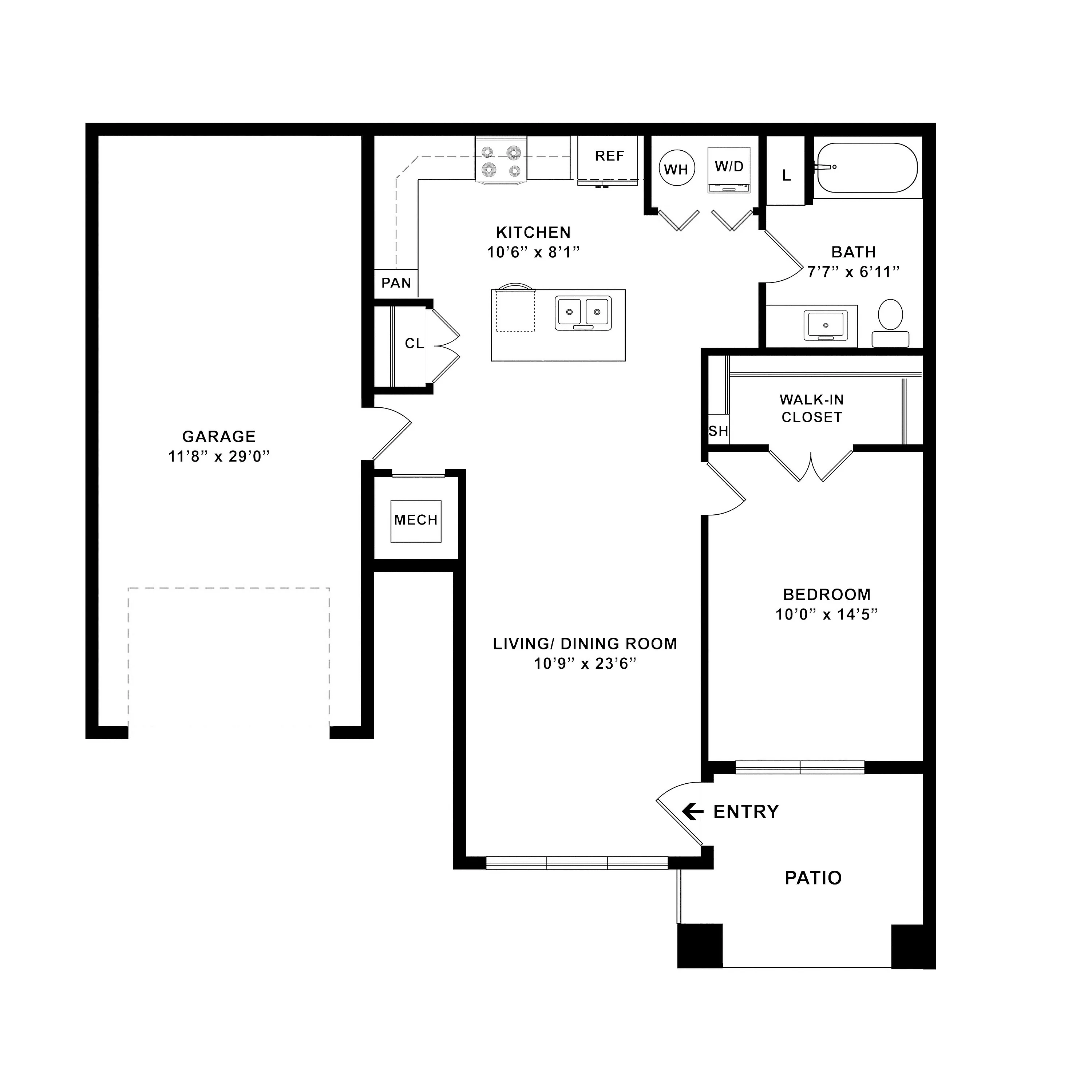 Elegant floor plan featuring a large garage, spacious living/dining room, modern kitchen, cozy bedroom with walk-in closet, and private patio.