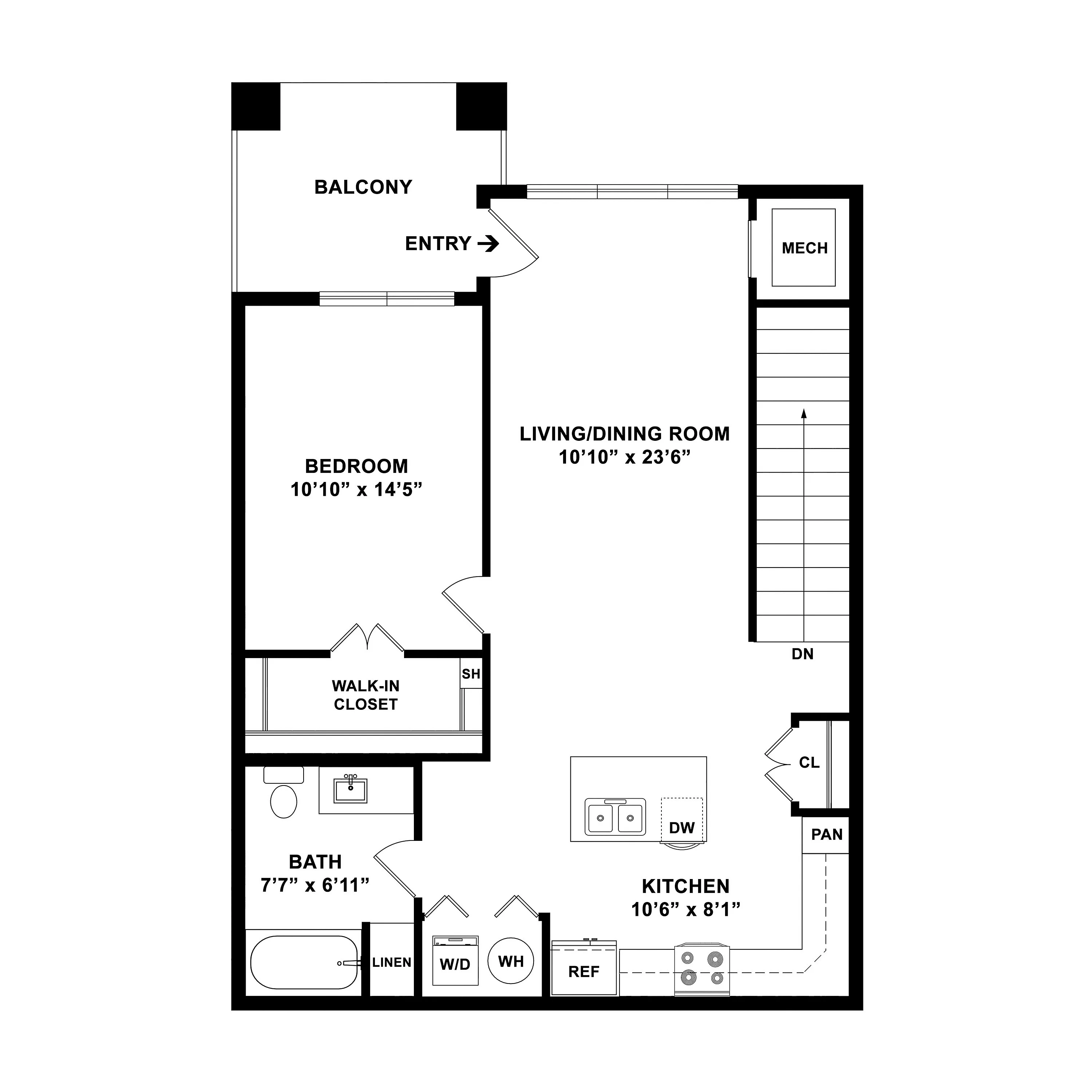 Modern 1-bedroom apartment floor plan featuring a spacious living/dining room, practical kitchen, and a private balcony.