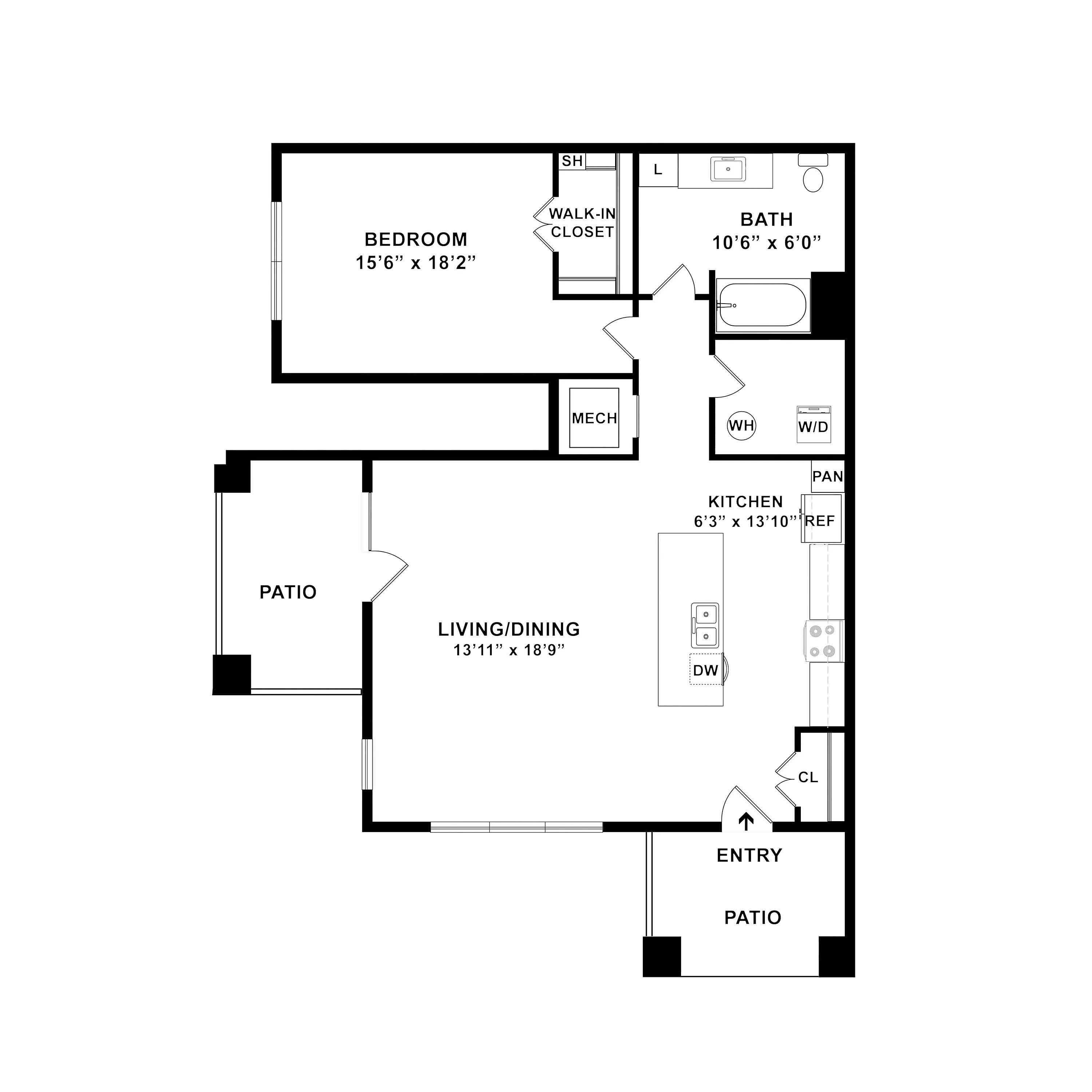 Modern floor plan featuring a spacious 1-bedroom with a walk-in closet, open living and dining area, sleek kitchen, and dual patios.