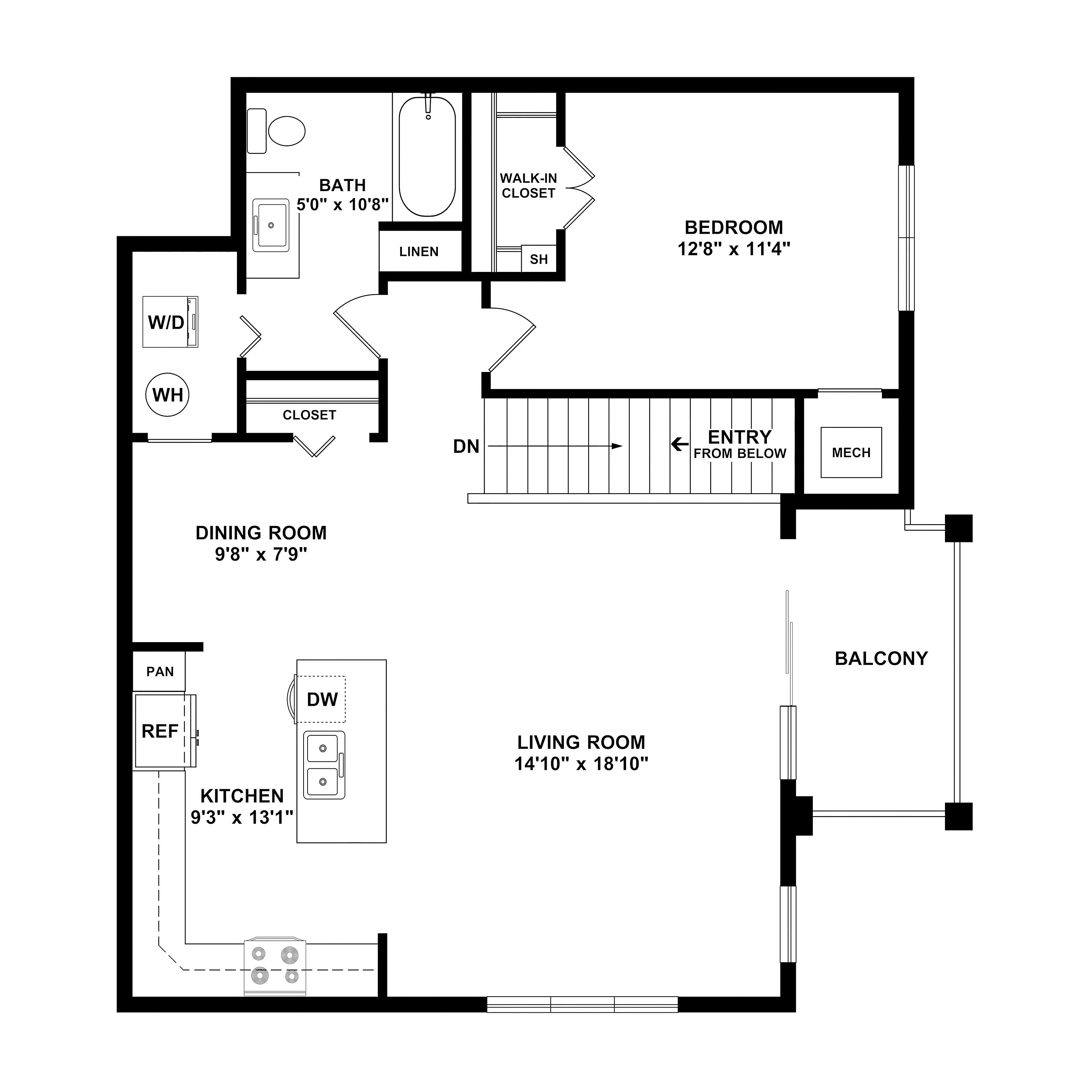 Modern floor plan showcasing a spacious living room, open kitchen with island, dining area, and a large bedroom with walk-in closet and attached bath. Features a balcony for outdoor relaxation.