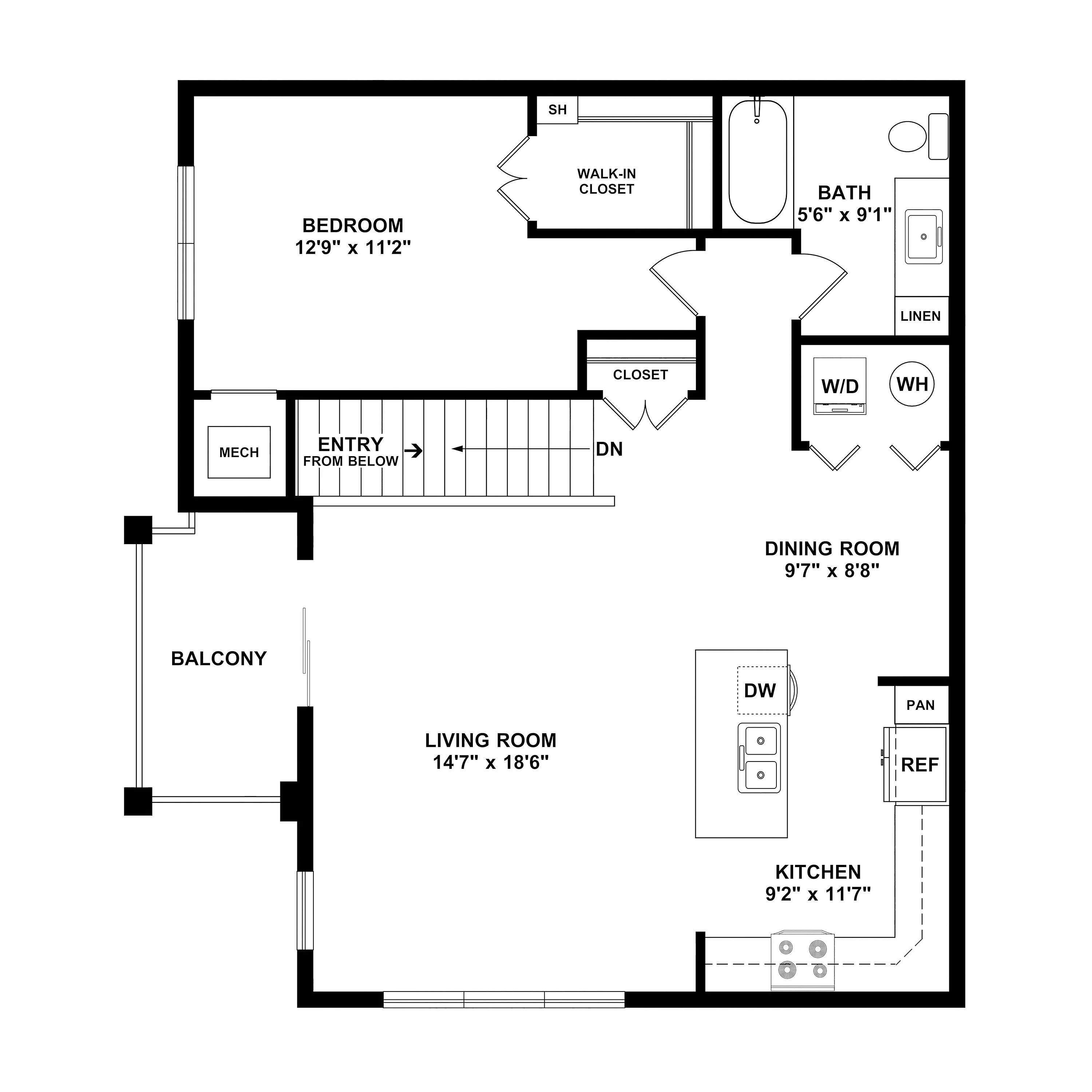 Sleek 2D floor plan showcasing a spacious bedroom with walk-in closet, elegant living room with balcony access, modern kitchen, and dining area.