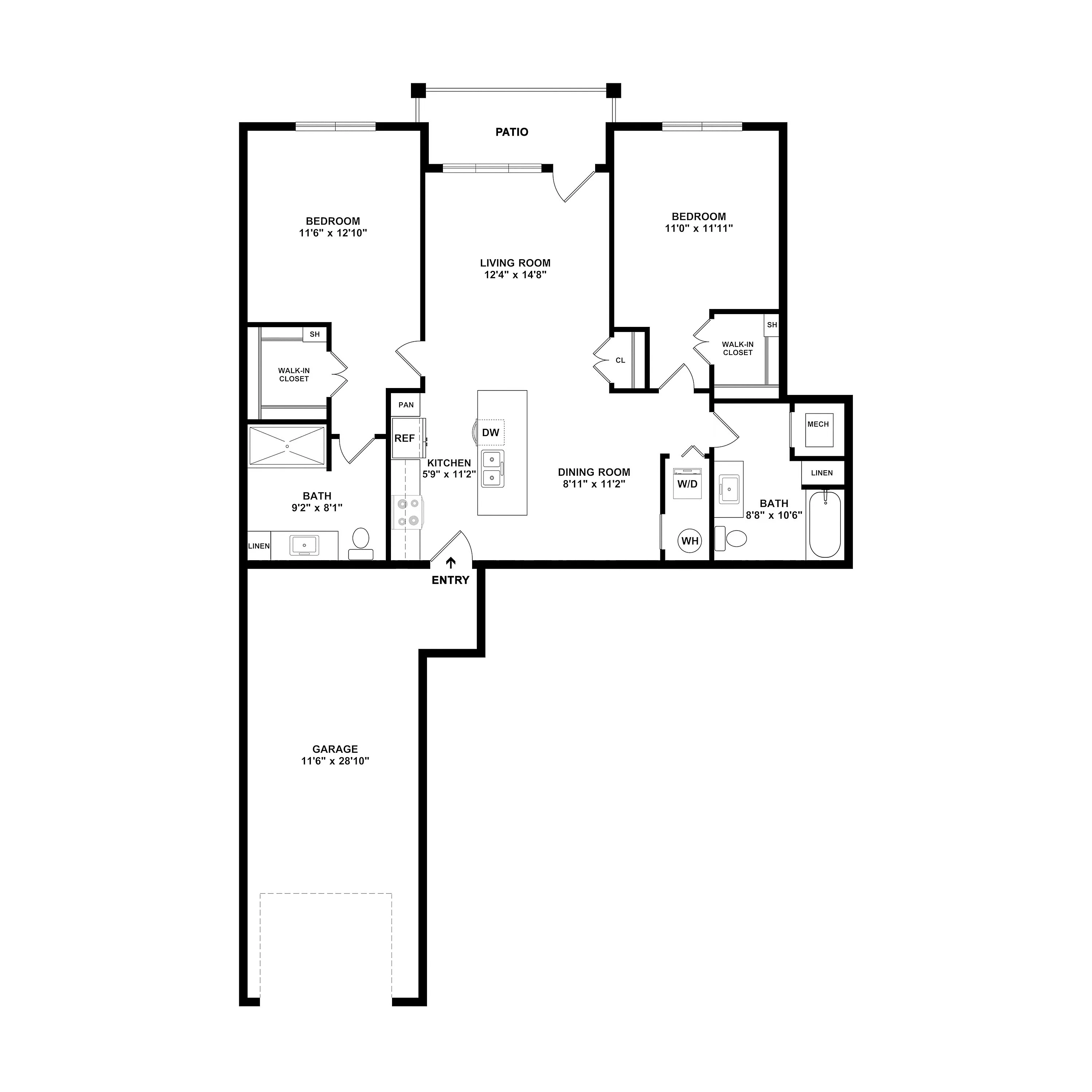 Modern floor plan showcasing 2 bedrooms, a spacious living room, and an open kitchen with an island, complemented by a patio and attached garage.