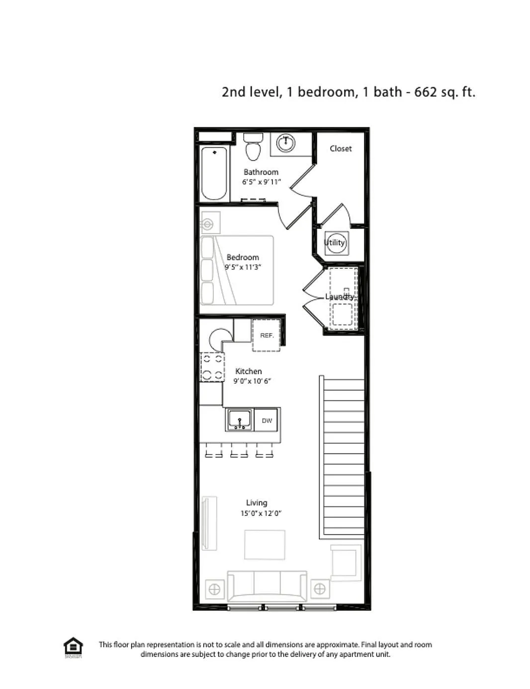 Elegant second-floor floor plan with 1 bedroom and 1 bath, spanning 662 sq ft, featuring a cozy kitchen and inviting living area.