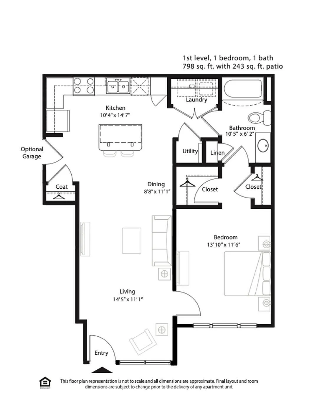Contemporary floor plan featuring 1 bedroom and 1 bath, spacious living area, and a modern kitchen, covering 798 sq. ft. with an additional 243 sq. ft. patio, optional garage available.