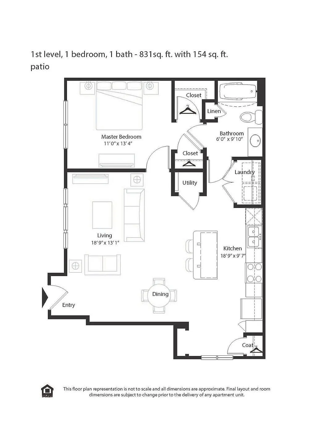 Elegant 1st level floor plan with 1 bedroom, 1 bath, and spacious living area, encompassing 831 sq. ft. plus a 154 sq. ft. patio, featuring a cozy dining space and modern kitchen.
