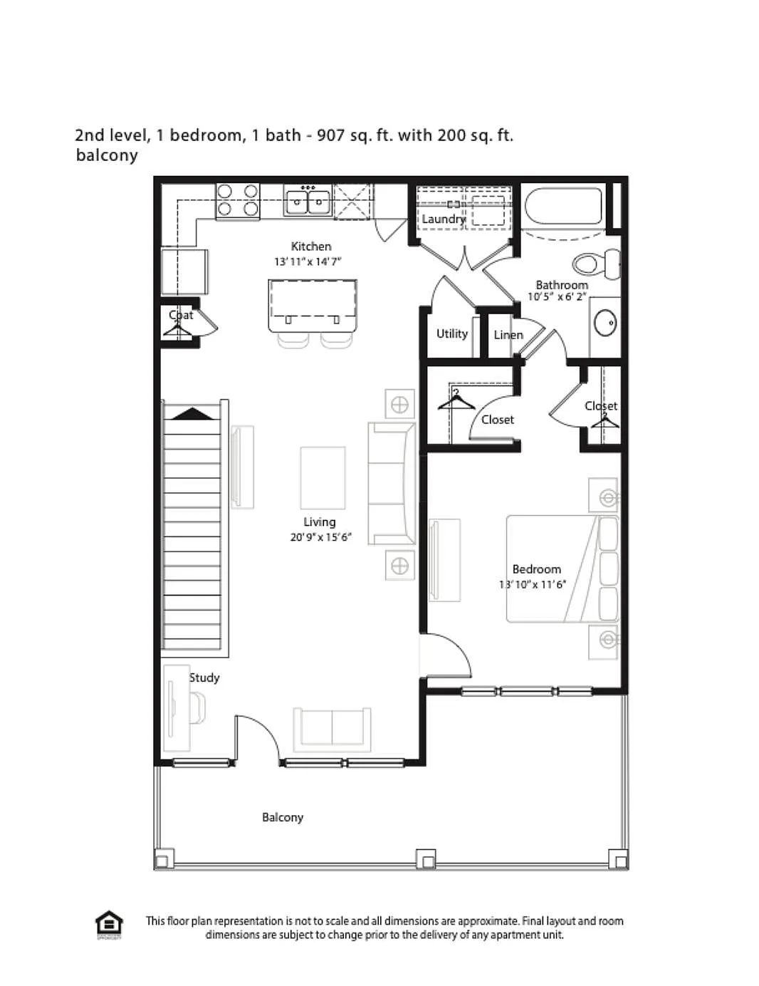 Elegant 2D floor plan showcasing 1 bedroom, a spacious living area, and a modern kitchen on the 2nd level, totaling 907 sq ft with an additional 200 sq ft balcony for outdoor enjoyment.