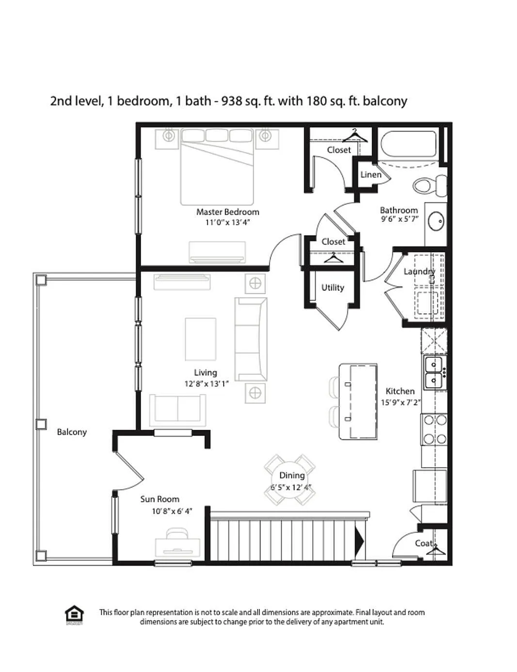 Inviting 2nd level floor plan featuring 1 bedroom, 1 bath in 938 sq ft, complete with sunroom, spacious living area, and modern kitchen, enhanced by a 180 sq ft balcony.