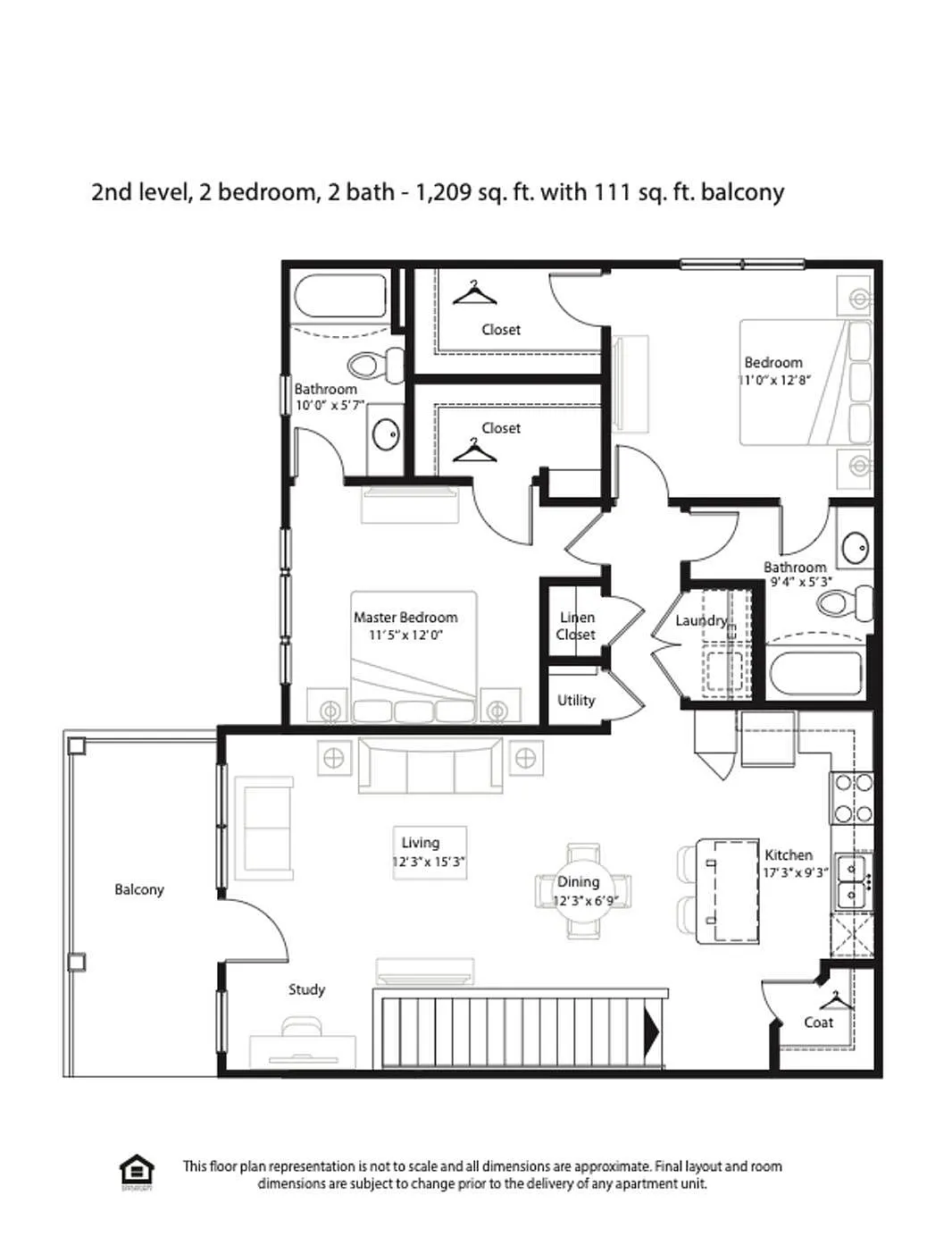 Modern 2nd level floor plan with 2 bedrooms, 2 bathrooms, spacious living room, kitchen, dining area, and balcony, totaling 1,209 sq. ft.
