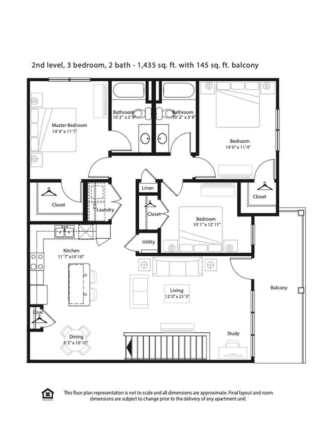 Elegant floor plan of a 2nd level apartment featuring 3 bedrooms, 2 bathrooms, expansive living area, and a modern kitchen. Includes a 145 sq. ft. balcony, utility space, and laundry area, totaling 1,435 sq. ft.