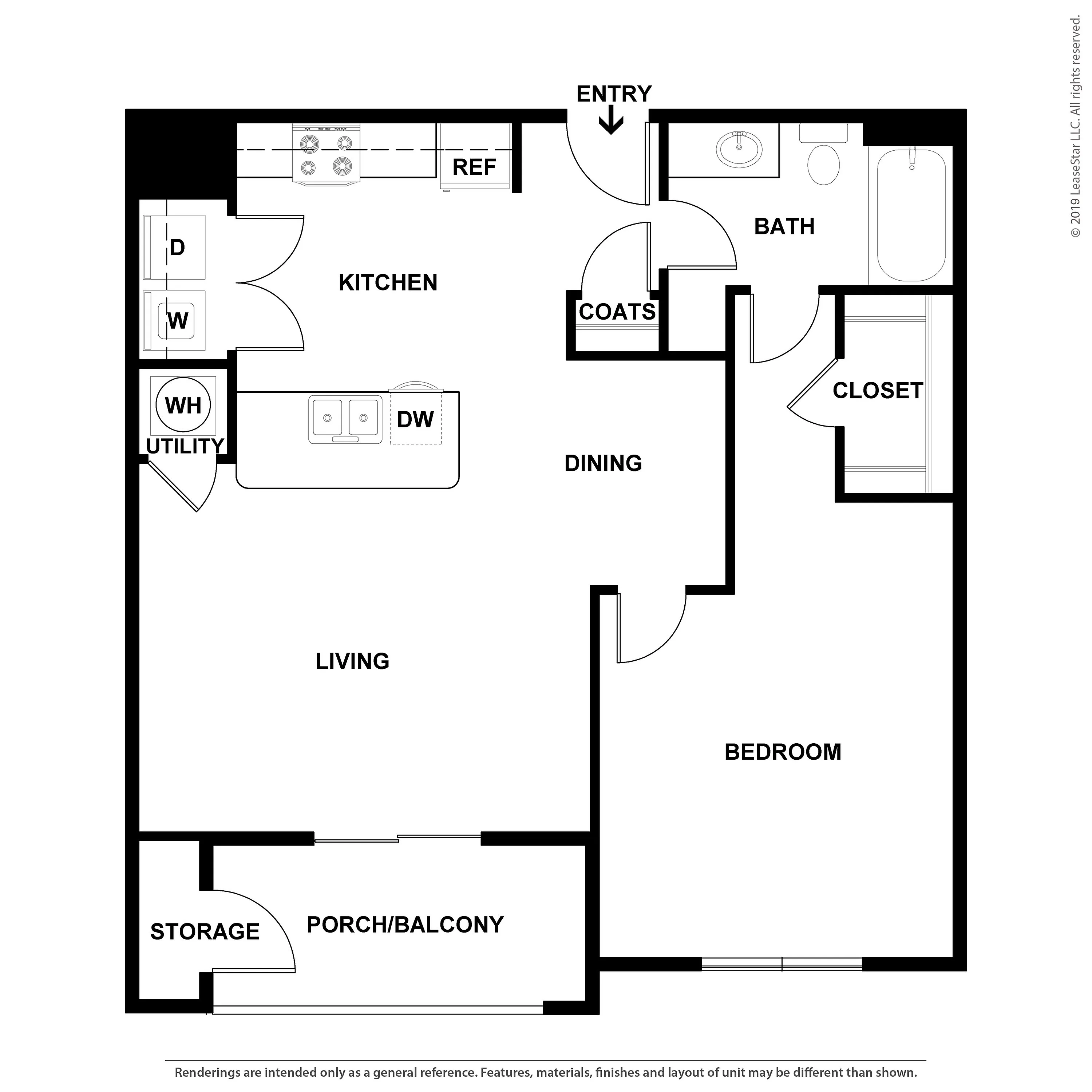 Modern floor plan featuring one bedroom with a spacious living area, open kitchen, and a welcoming porch/balcony.
