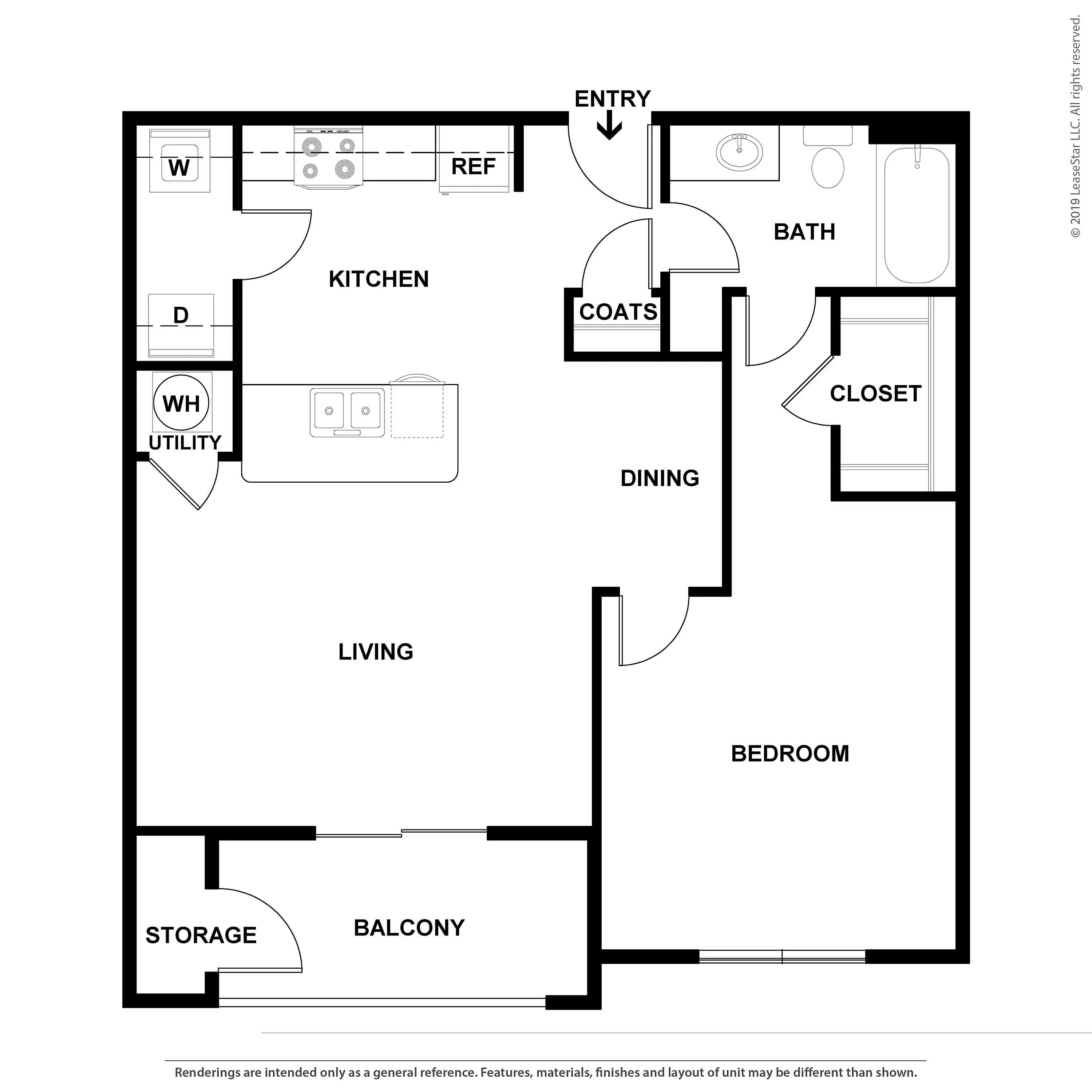Inviting floor plan showcasing a spacious one-bedroom layout with a modern kitchen, open living and dining area, bathroom, and balcony with storage.