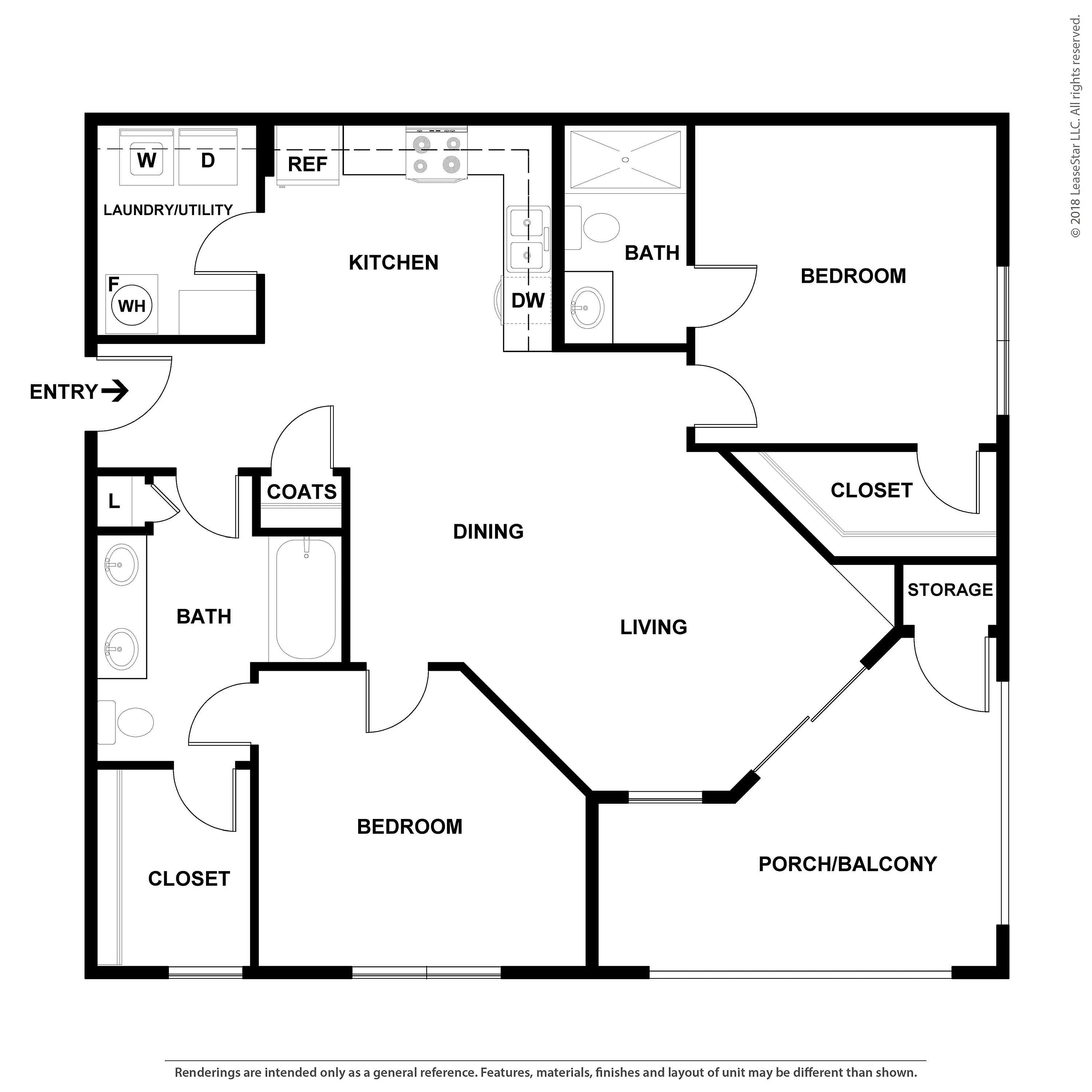 Chic apartment floor plan showcasing 2 bedrooms, a modern kitchen, generous dining and living areas, and a porch for relaxing.