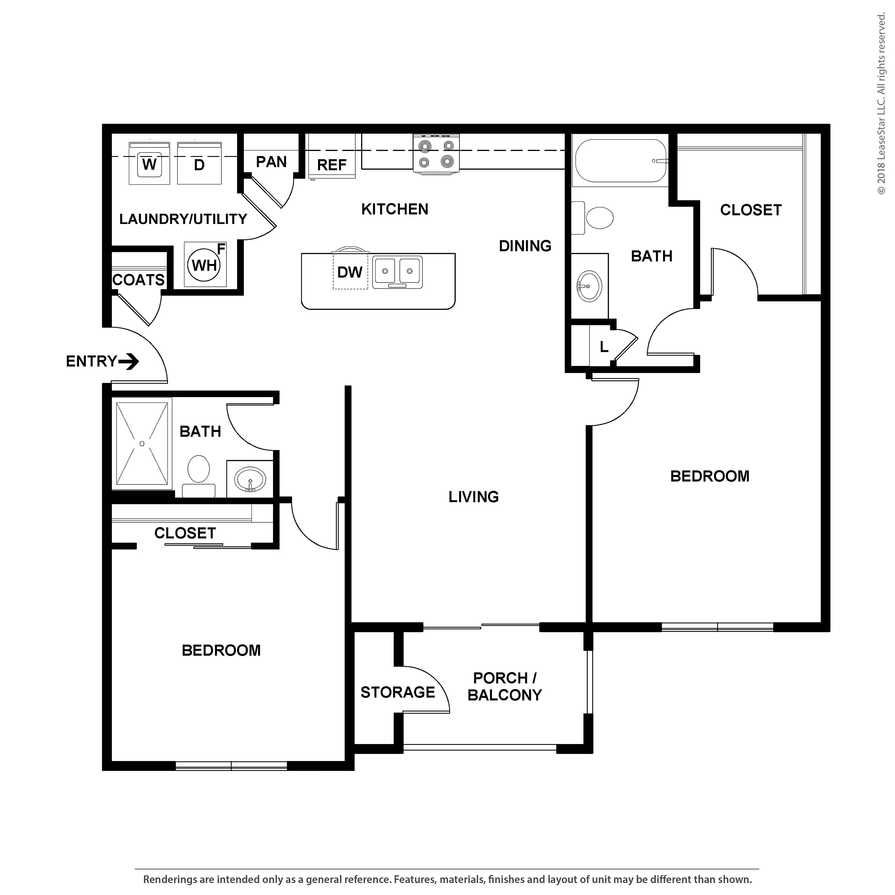Modern 2-bedroom floor plan with open-concept living, stylish kitchen with island, and cozy porch/balcony.