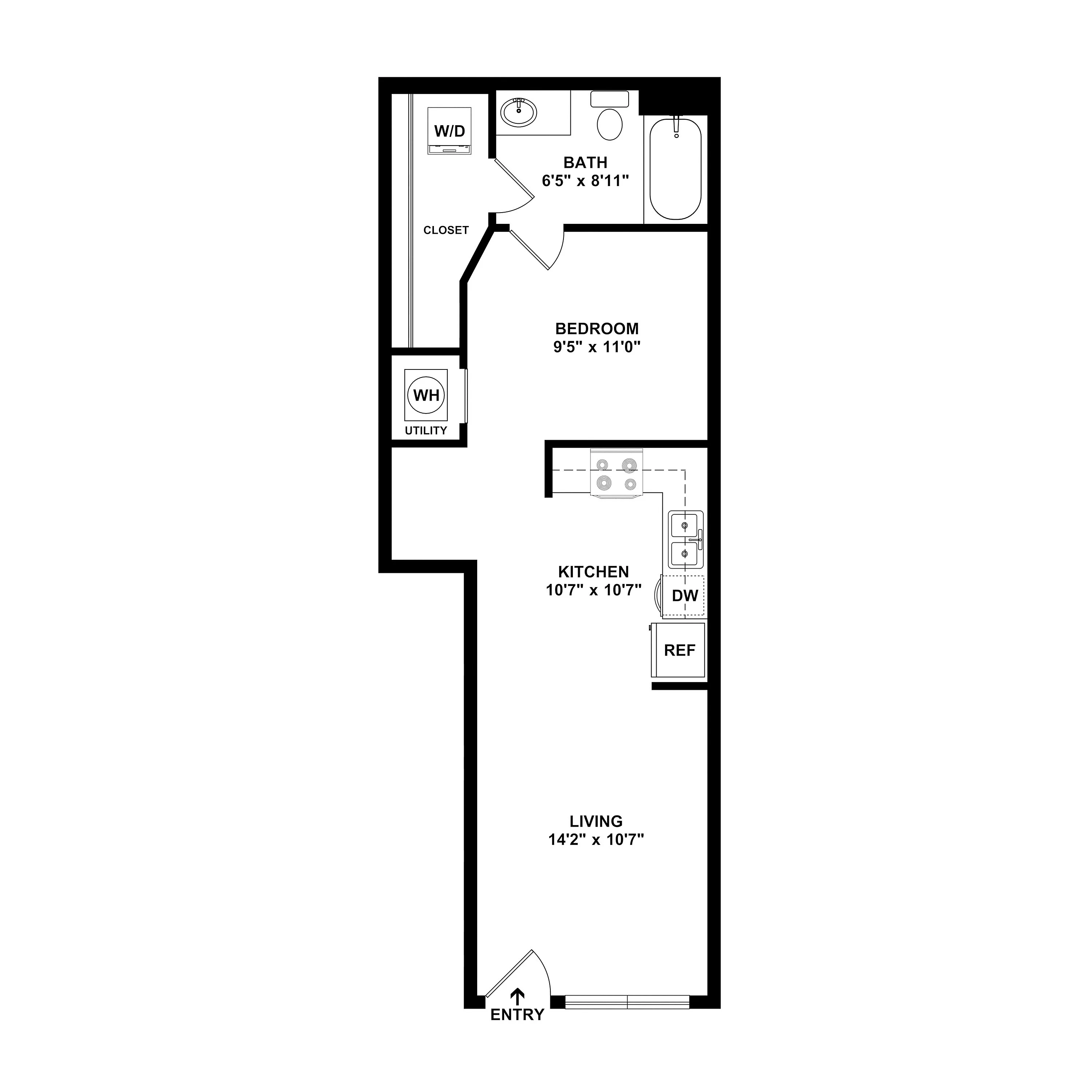 Efficient 1-bedroom floor plan with a cozy living room, modern kitchen, and convenient bathroom layout.