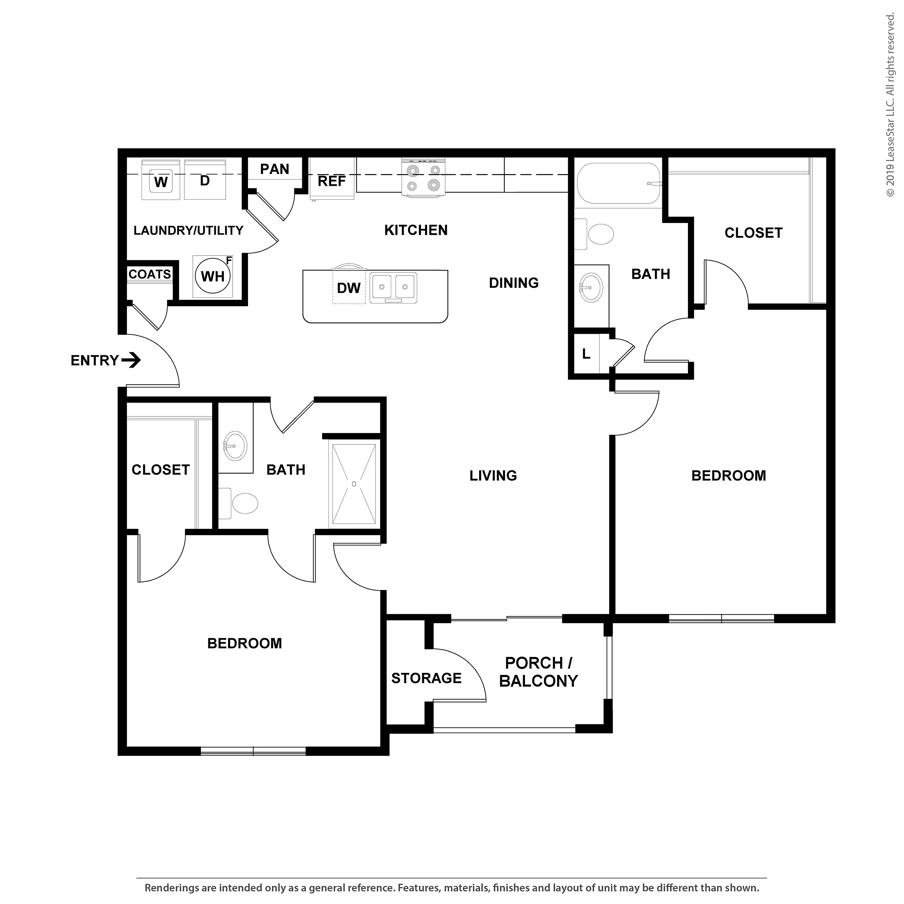 Modern floor plan showcasing 2 spacious bedrooms, open living and dining area, stylish kitchen, two baths, and private porch/balcony.