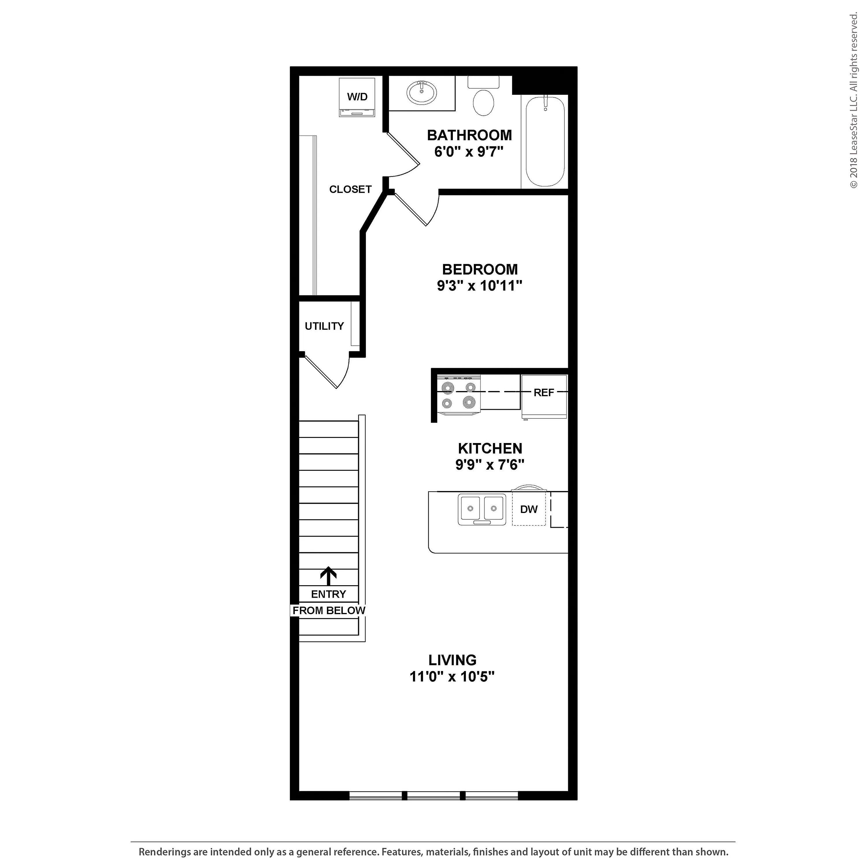 Modern floor plan showcasing a cozy bedroom, functional kitchen, open living area, and a sleek bathroom layout, perfect for efficient living.