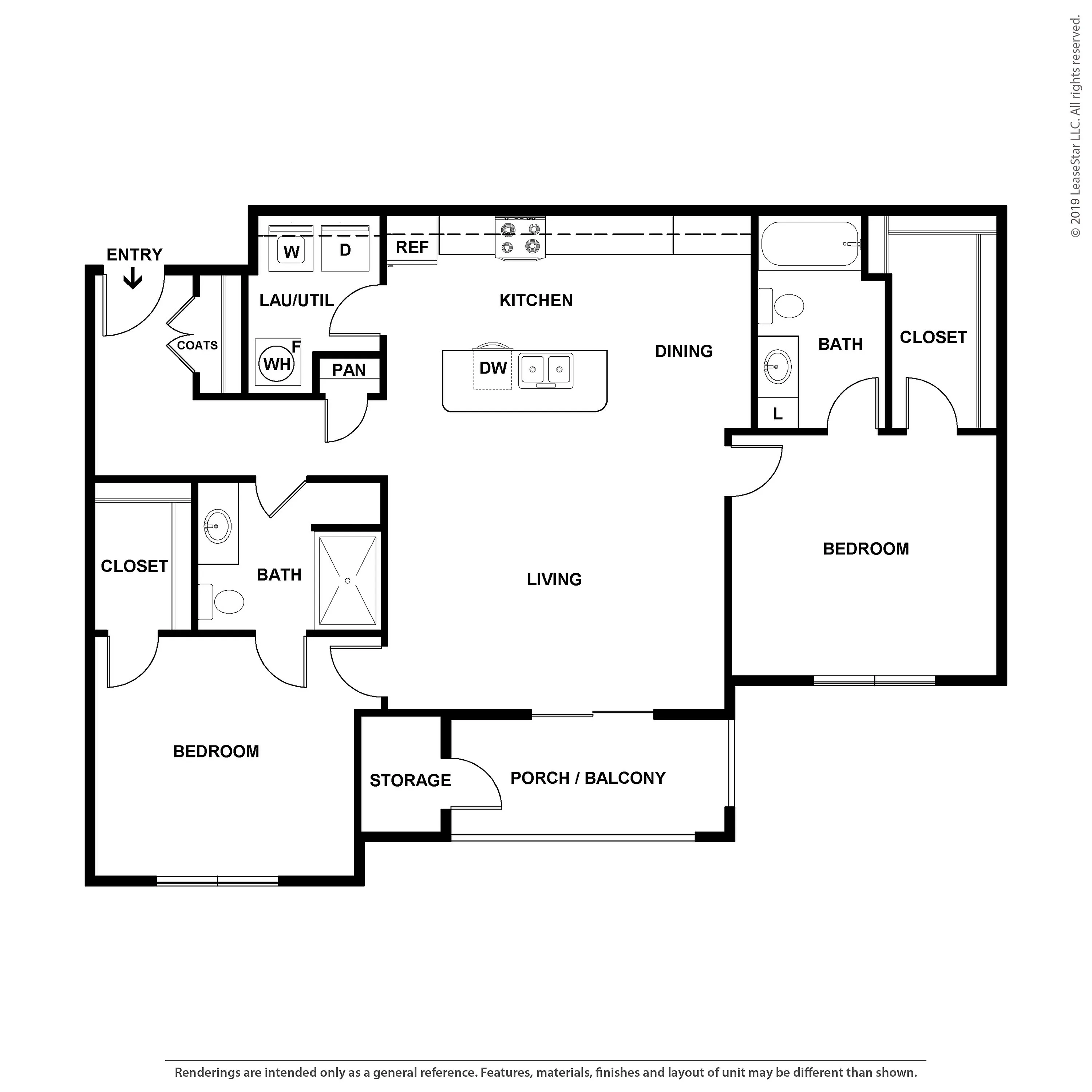 Modern apartment floor plan featuring 2 bedrooms, open kitchen with island, spacious living area, and convenient balcony.