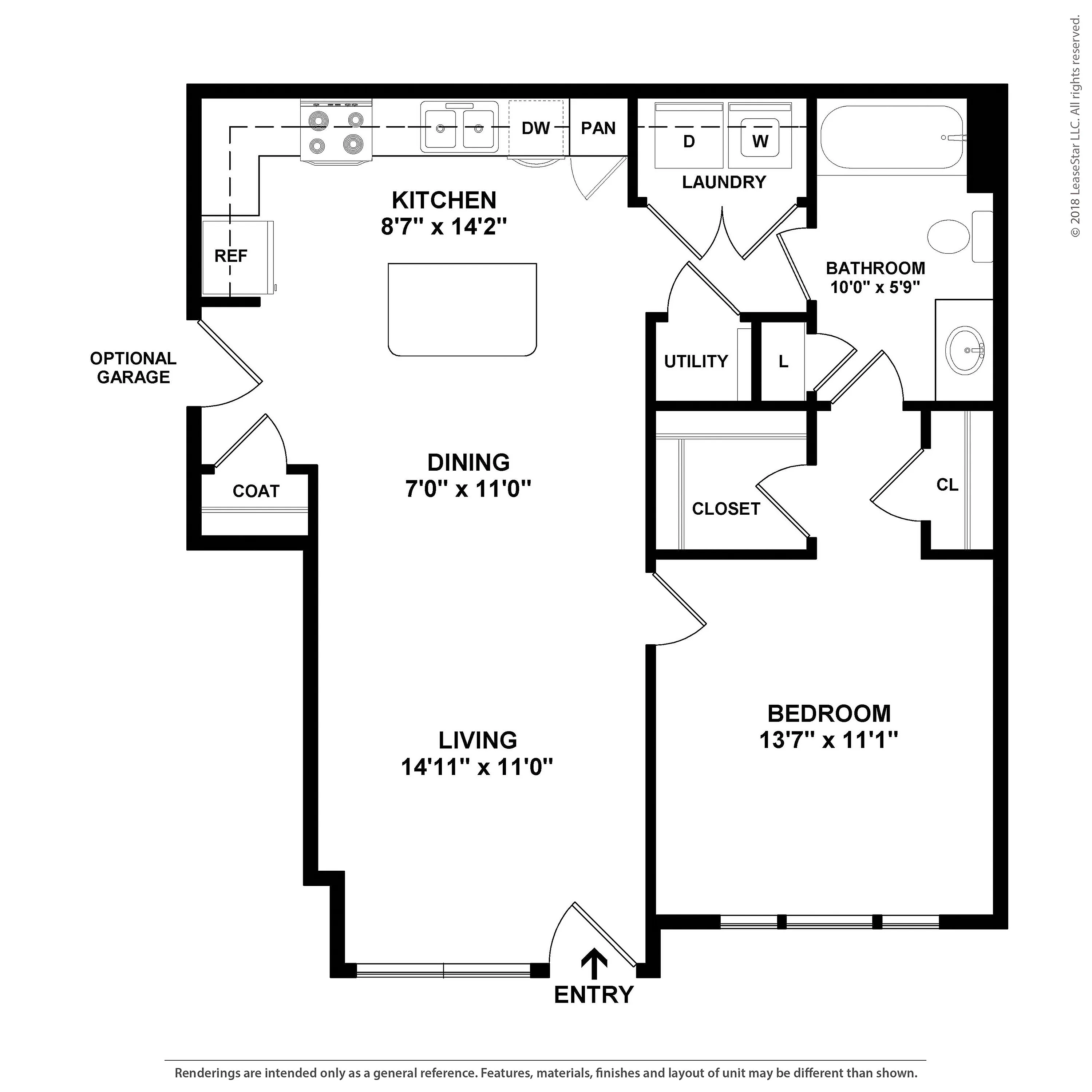 Modern floor plan featuring an airy 1-bedroom layout with an open-concept kitchen and dining area, spacious living room, laundry convenience, and optional garage space.