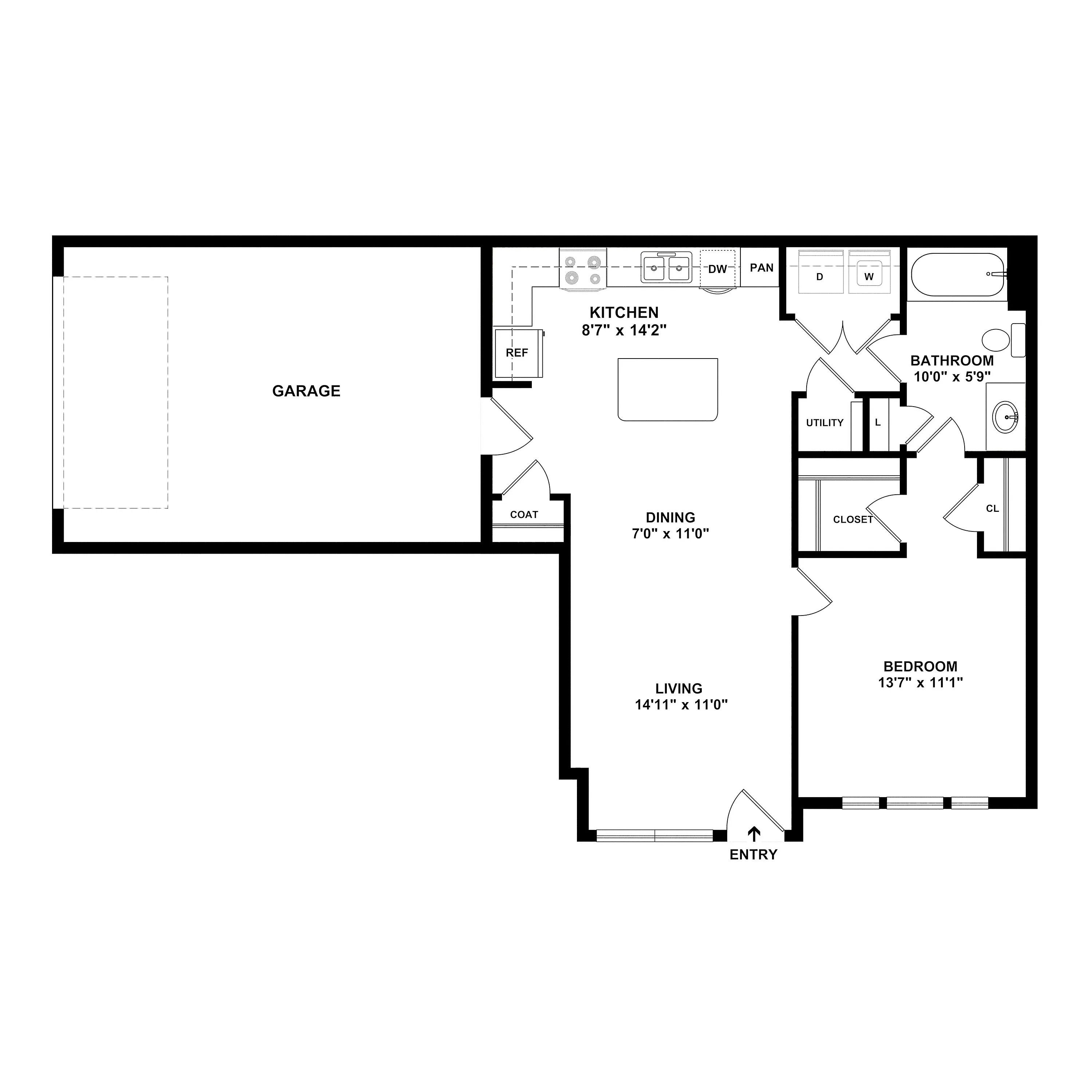 Modern floor plan featuring 1 bedroom, open kitchen, dining, living area, and garage access for functional living space.