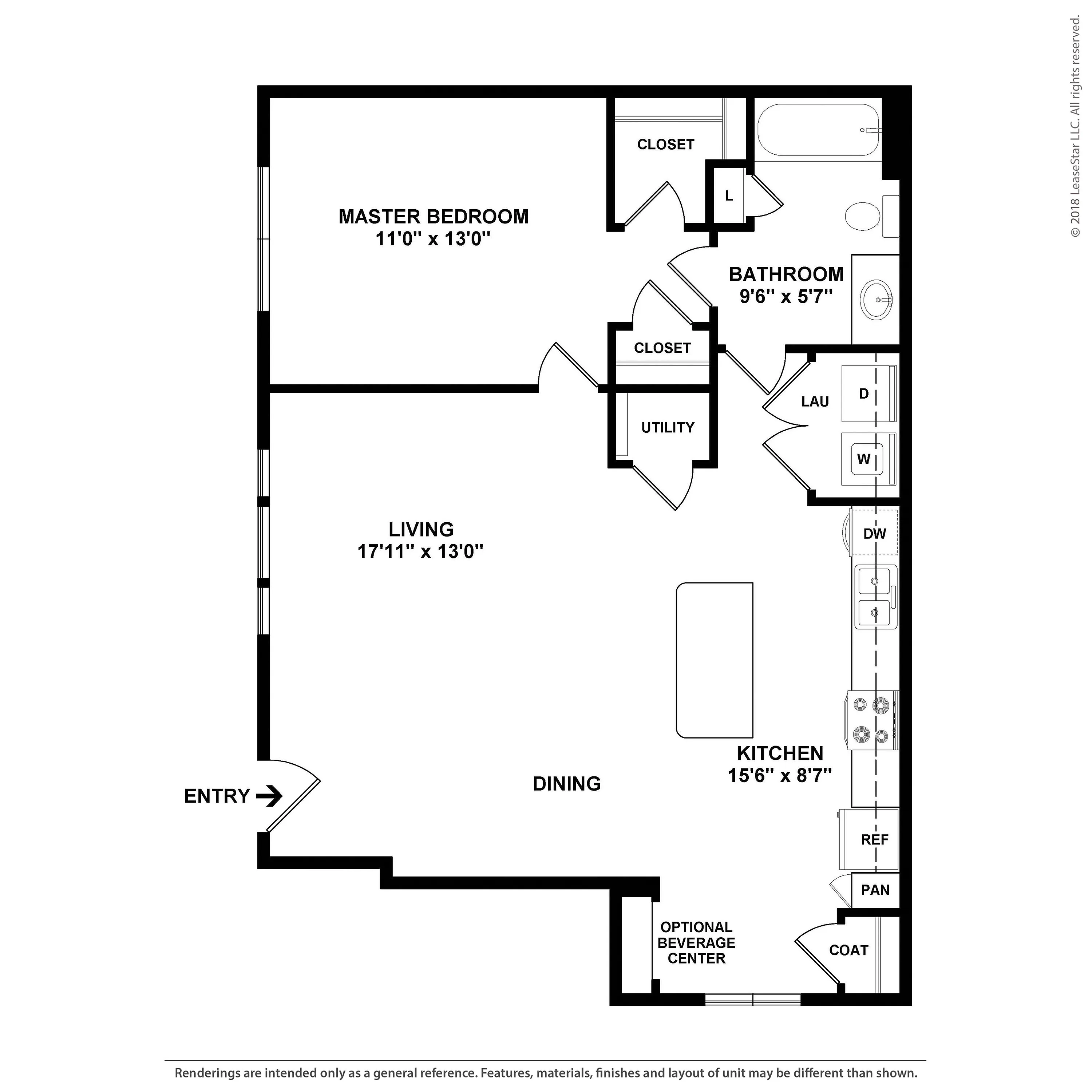 Spacious floor plan showcasing a master bedroom, expansive living area, and modern kitchen, complete with optional beverage center.
