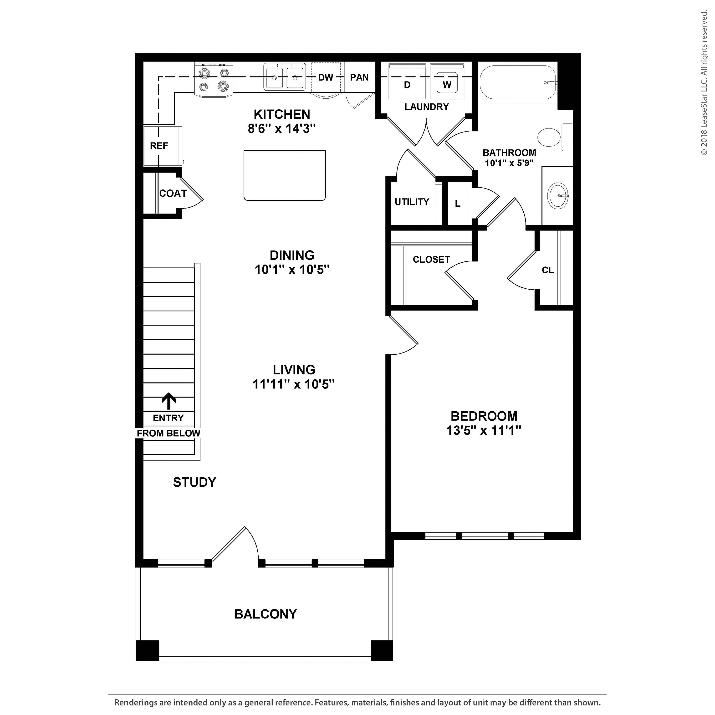 Modern floor plan showcasing a spacious 1-bedroom layout with balcony, study, and open-concept living and dining areas.