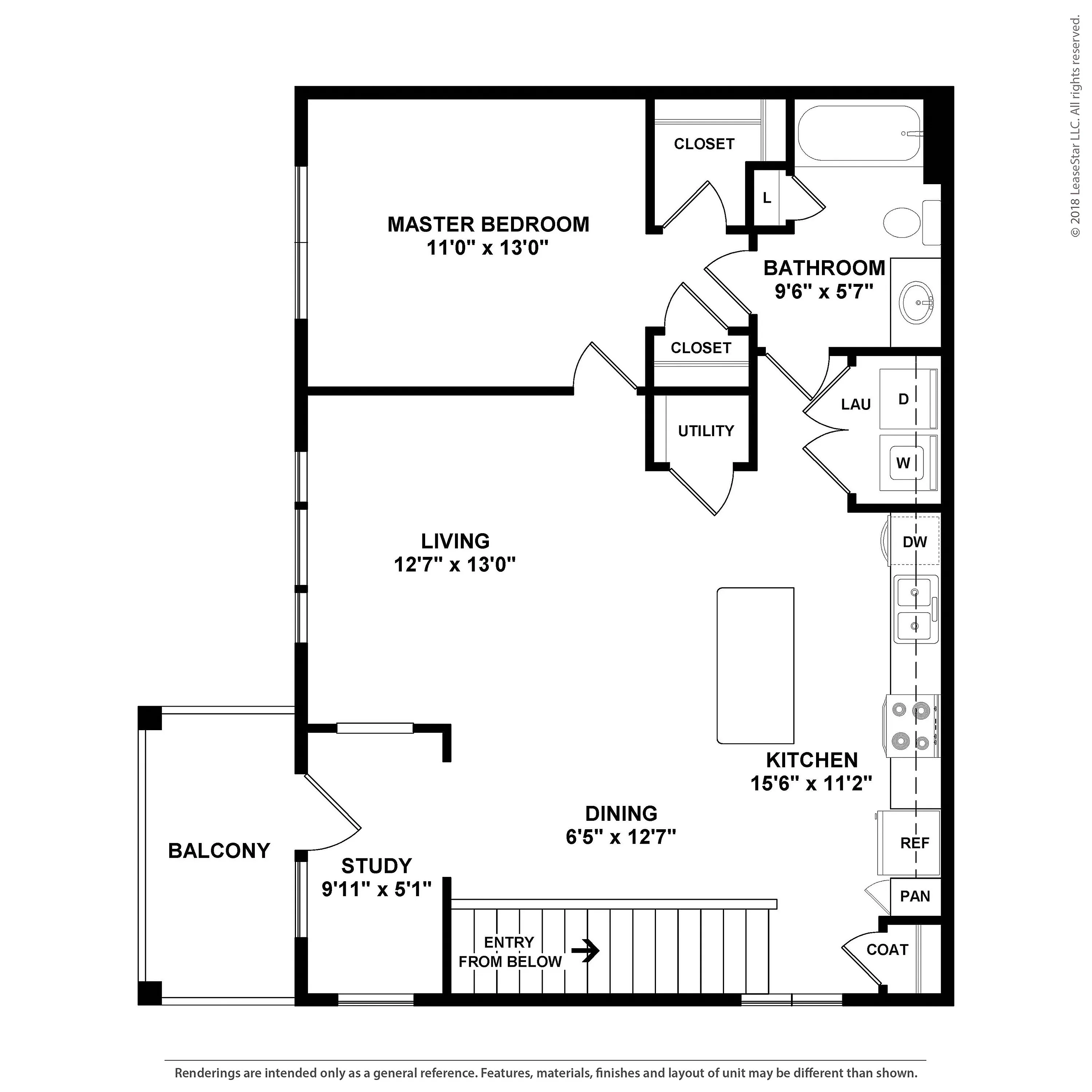 Inviting floor plan with master bedroom, spacious living area, modern kitchen, study, and a charming balcony.
