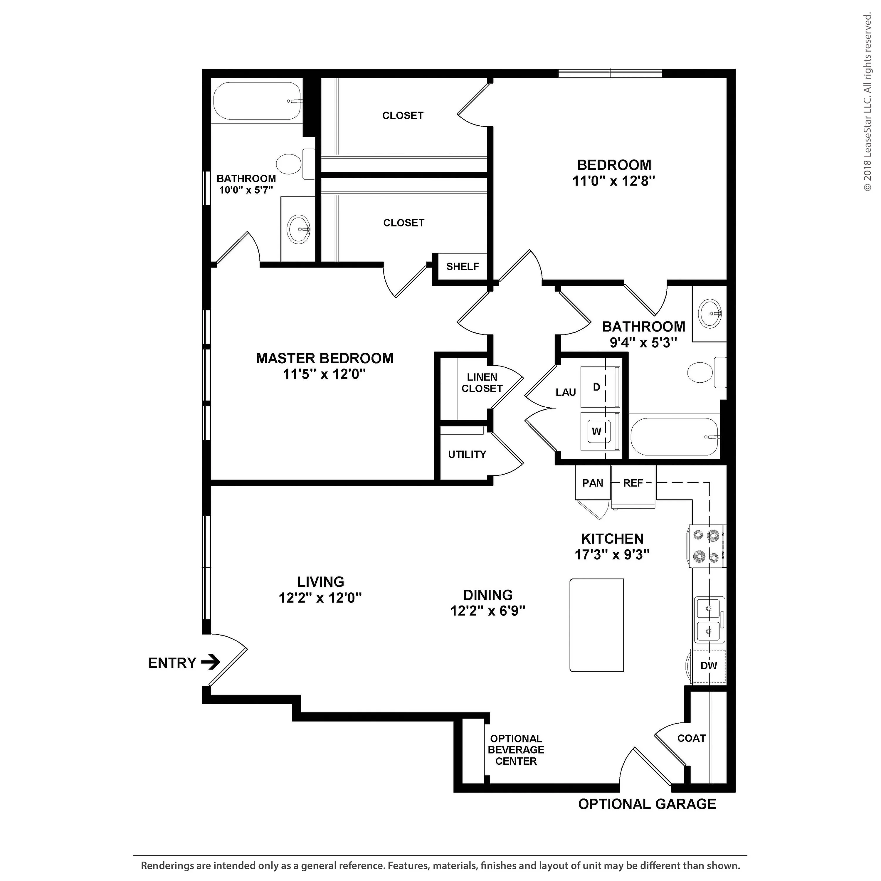 Spacious 2D floor plan showcasing 2 bedrooms, master suite, open living and dining area, a modern kitchen, and optional garage.