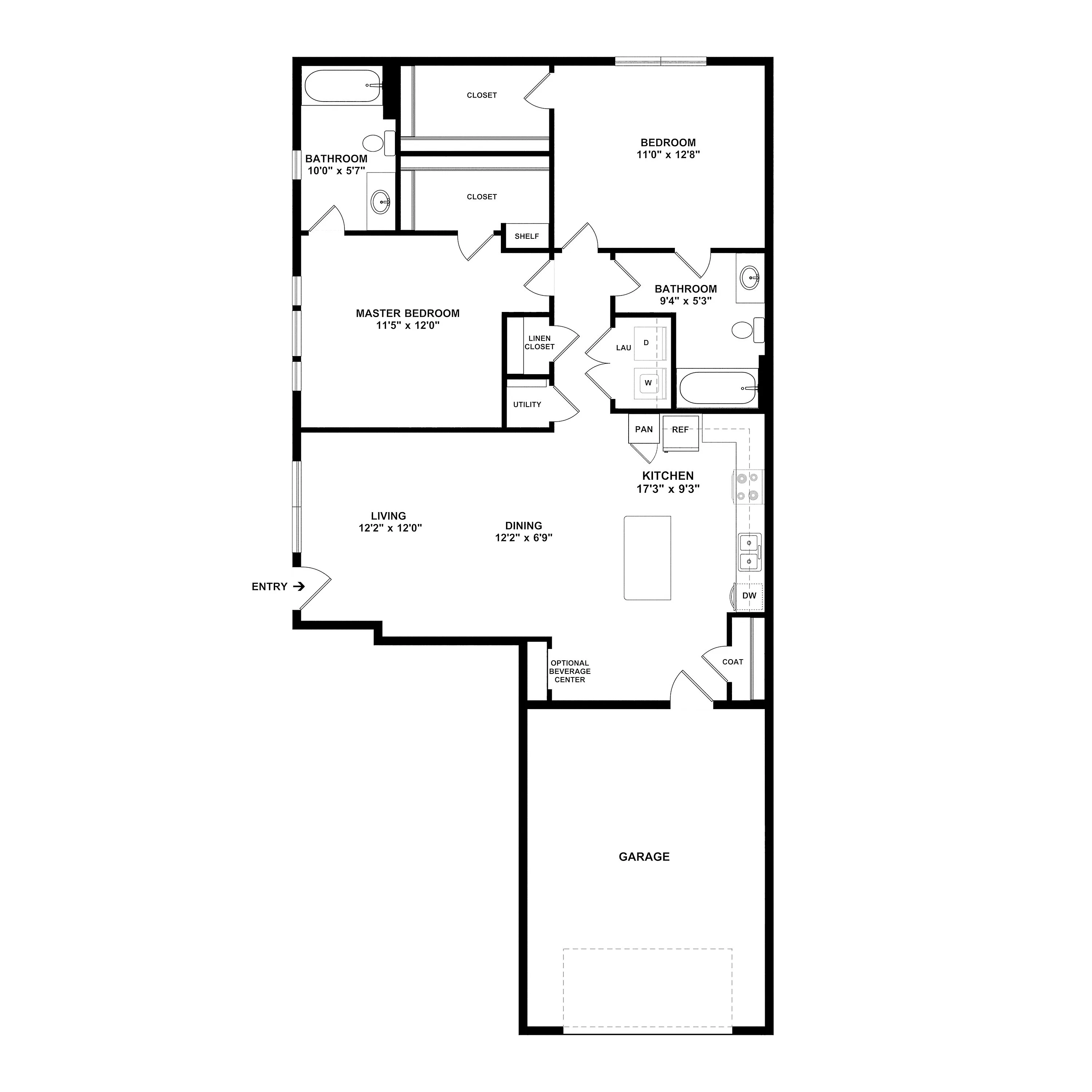 Modern floor plan featuring 2 bedrooms, 2 bathrooms, a spacious kitchen with island, and a convenient garage attached.