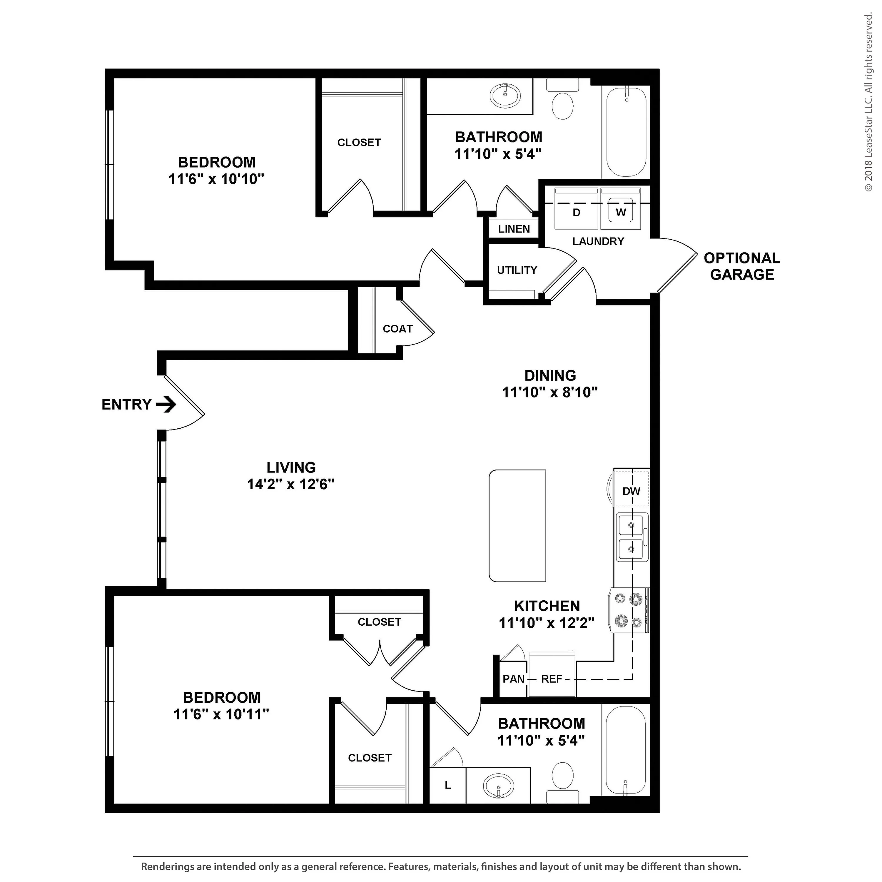Modern floor plan showcasing 2 spacious bedrooms, an open living area, and a practical kitchen with dining space. Includes two bathrooms, laundry room, and optional garage.