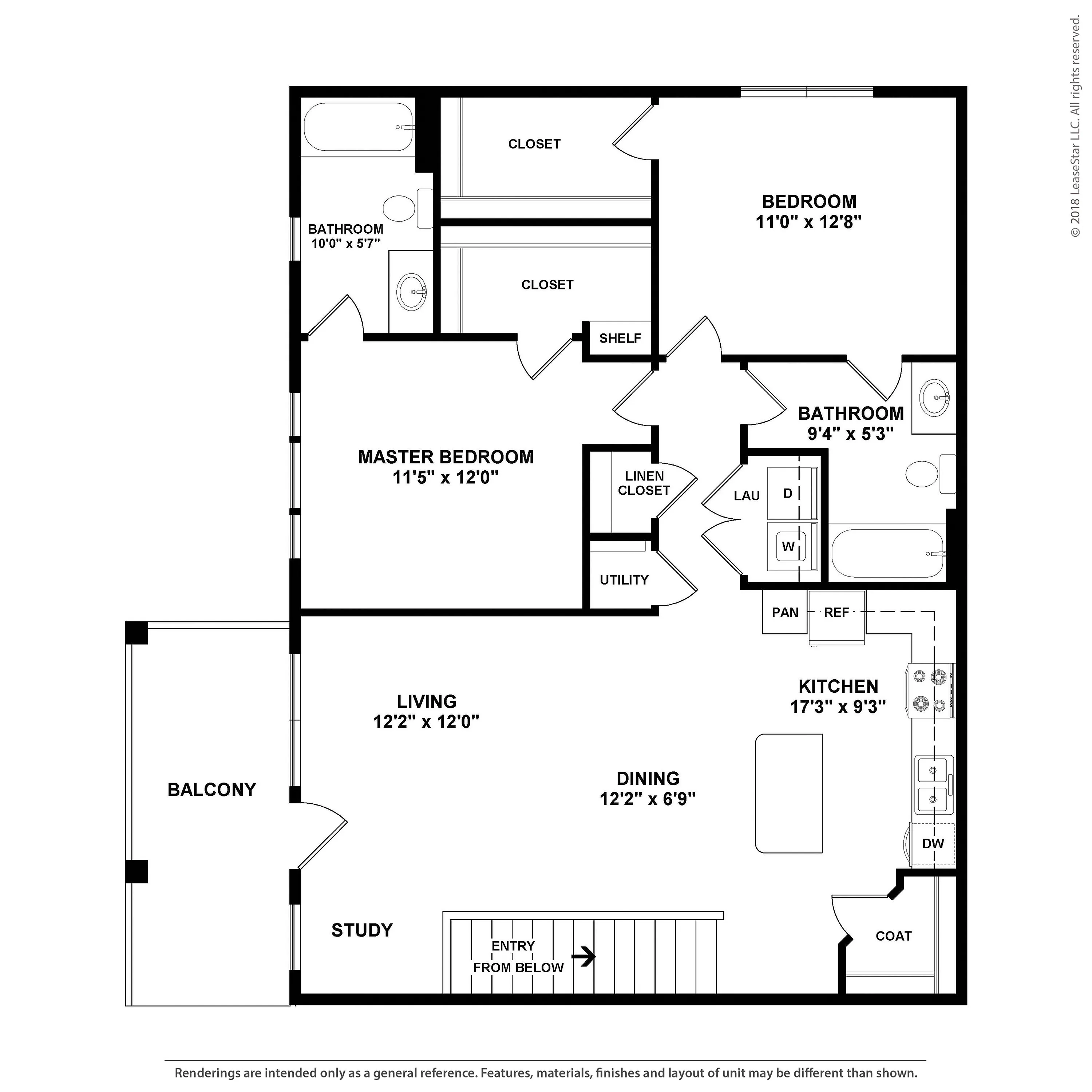 Elegant 2D floor plan featuring a spacious 2-bedroom layout, open living and dining areas, modern kitchen, and a private balcony.
