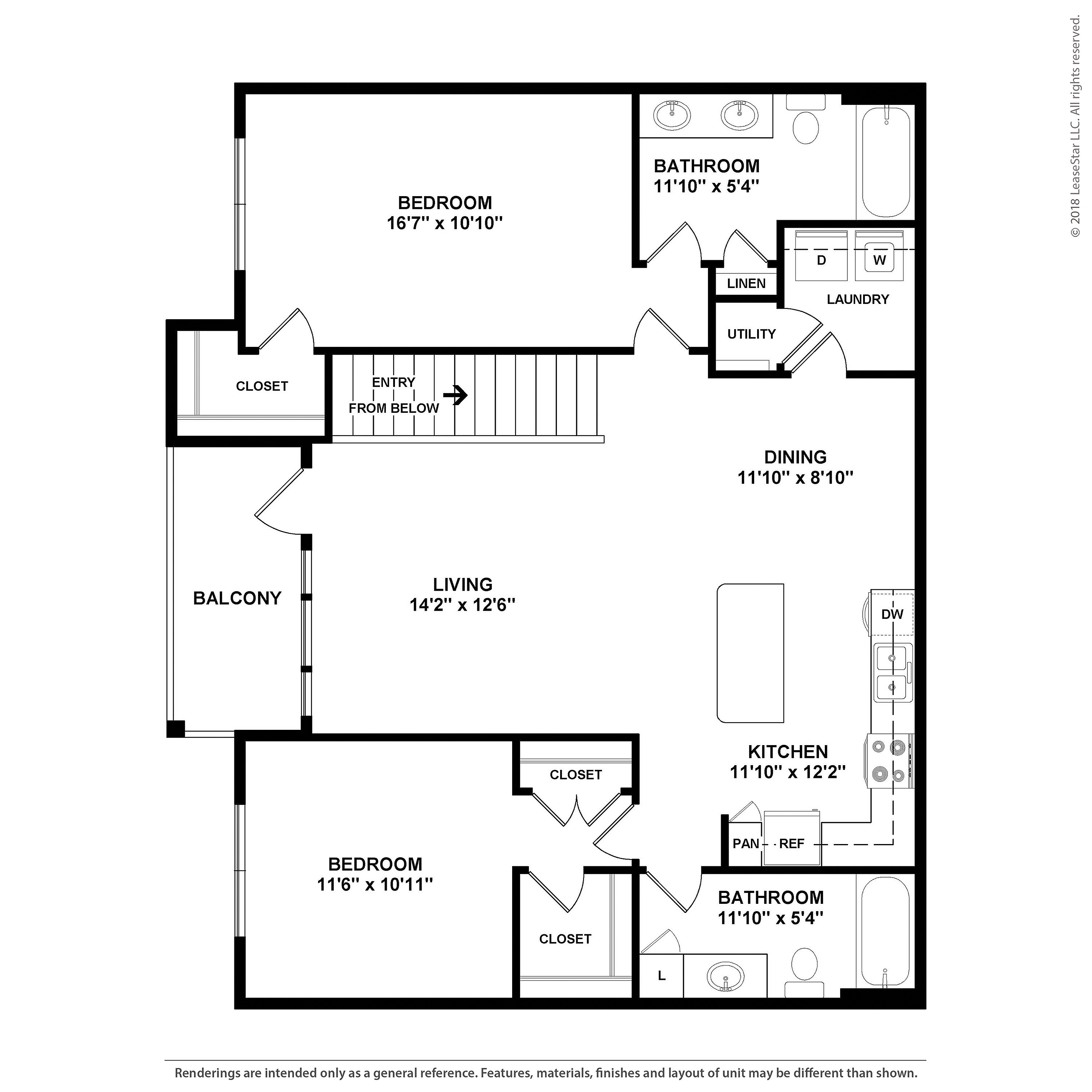 Inviting floor plan featuring 2 spacious bedrooms, a cozy living area, modern kitchen, and two bathrooms, complete with a private balcony for relaxation.