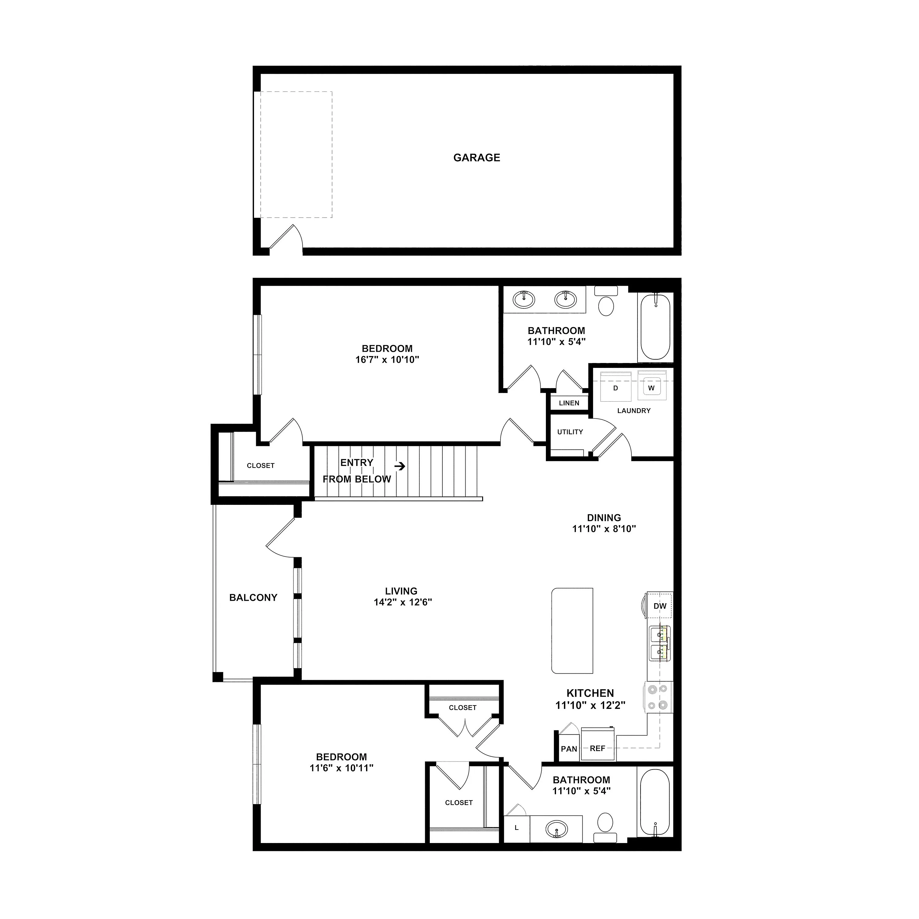 Spacious 2D floor plan featuring 2 bedrooms, open living and dining space, modern kitchen, balcony, and attached garage.