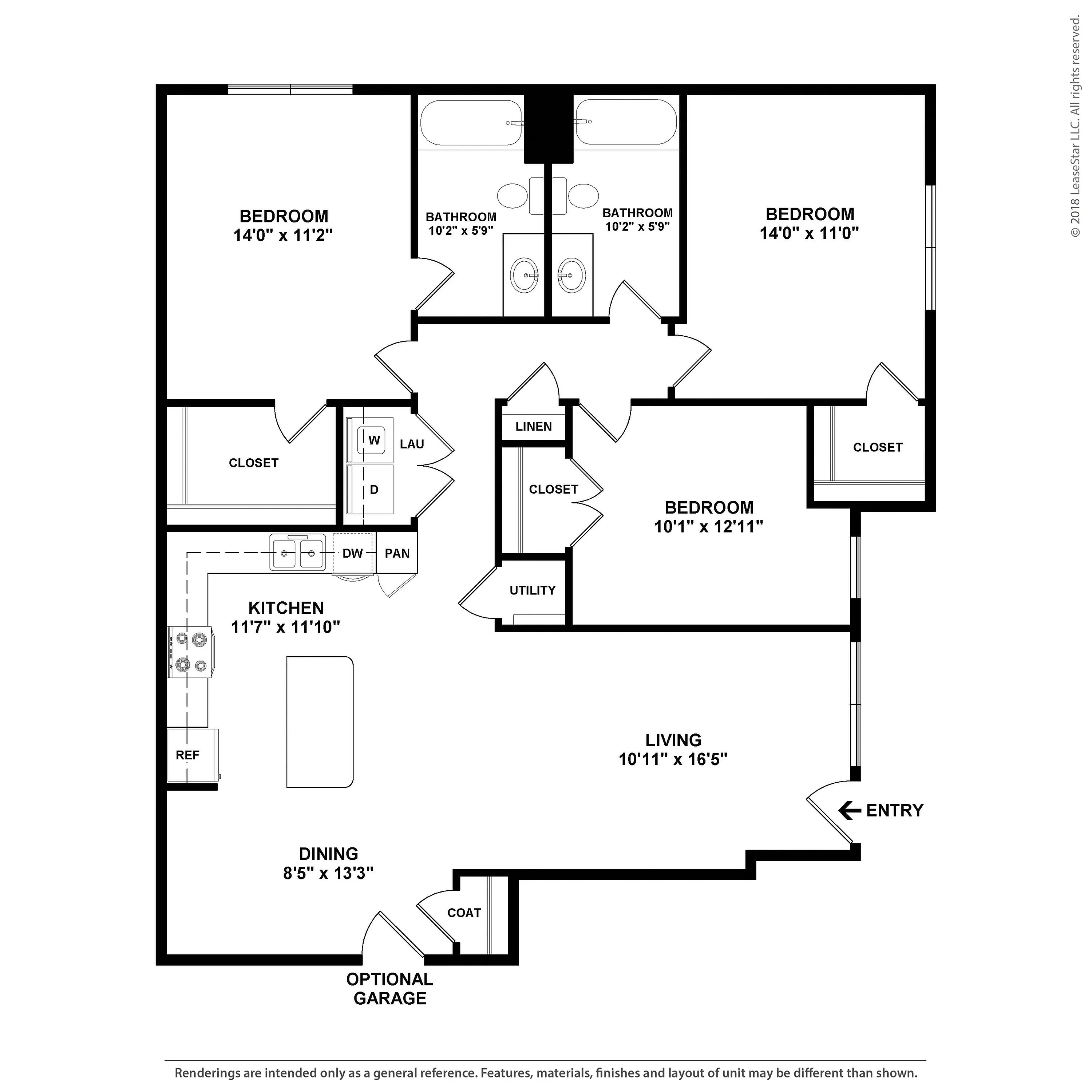 Spacious 3-bedroom floor plan with an open kitchen, cozy living room, and convenient optional garage.