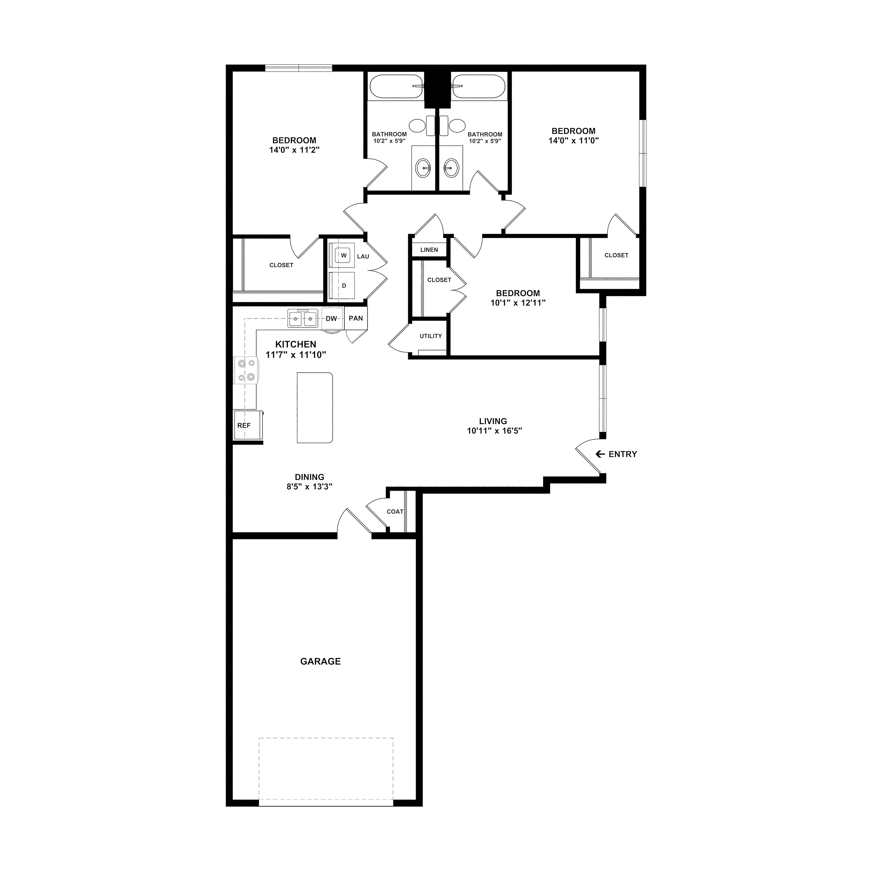 Elegant floor plan showcasing three spacious bedrooms, a modern open kitchen with dining area, cozy living room, dual bathrooms, laundry area, and attached garage.