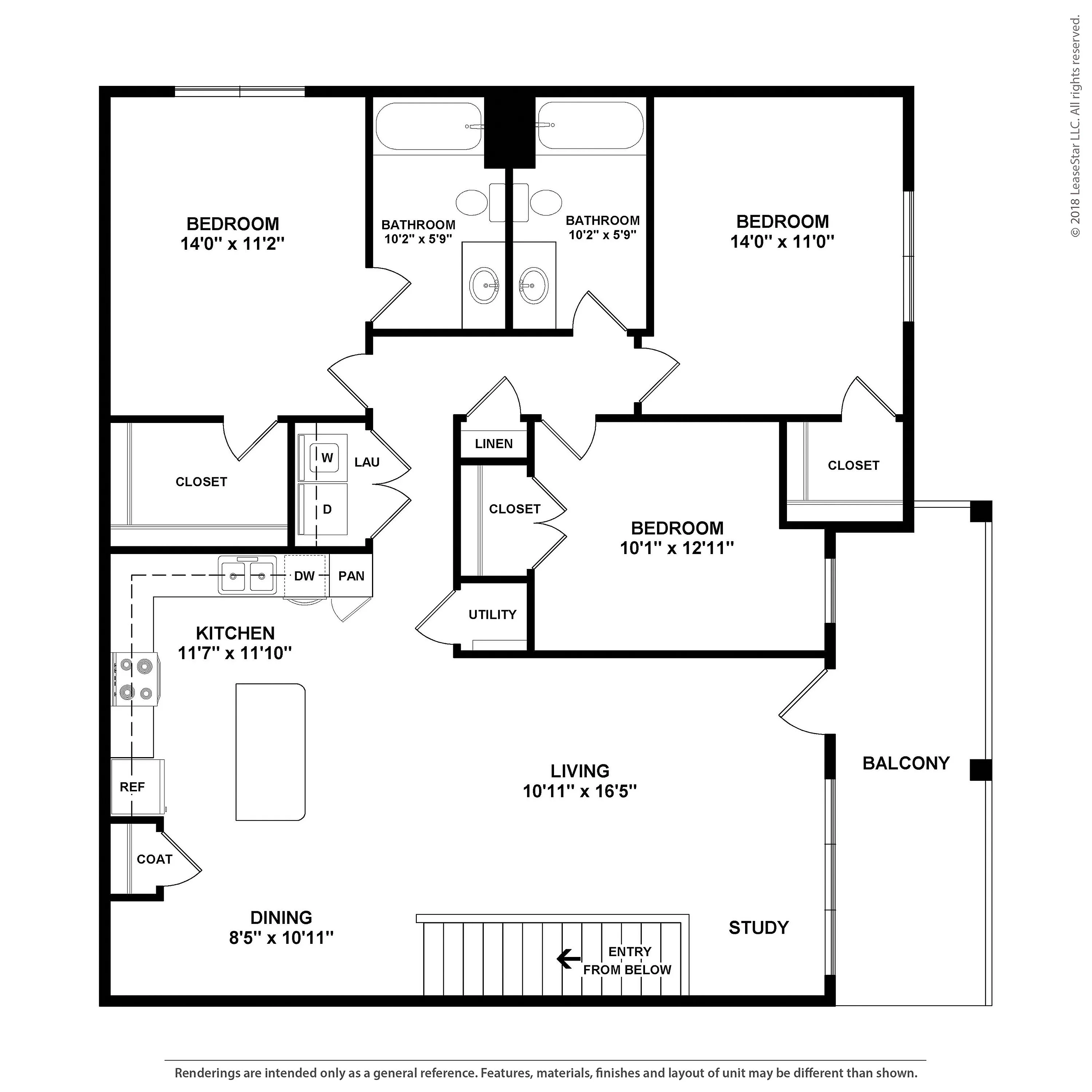 Modern 3-bedroom floor plan featuring an expansive living area, well-equipped kitchen, and cozy dining space opening to a balcony. Includes stylish study room and convenient laundry closet.