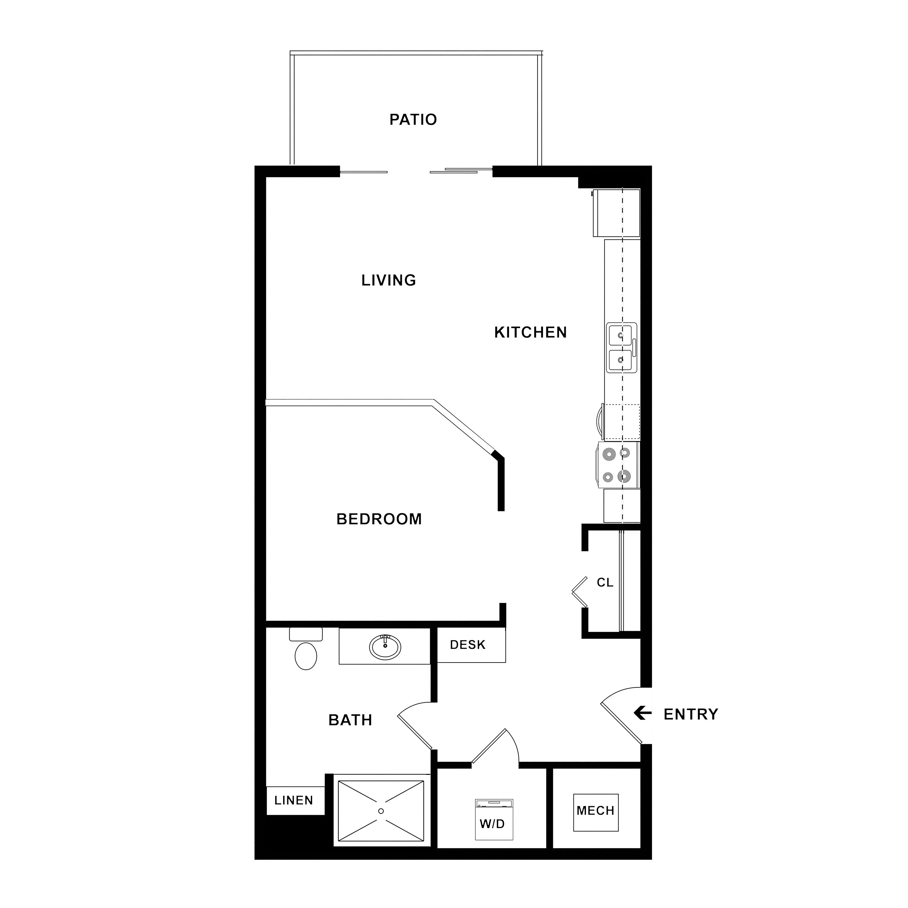Modern floor plan featuring 1 bedroom, a sleek kitchen, cozy living space, and a private patio.