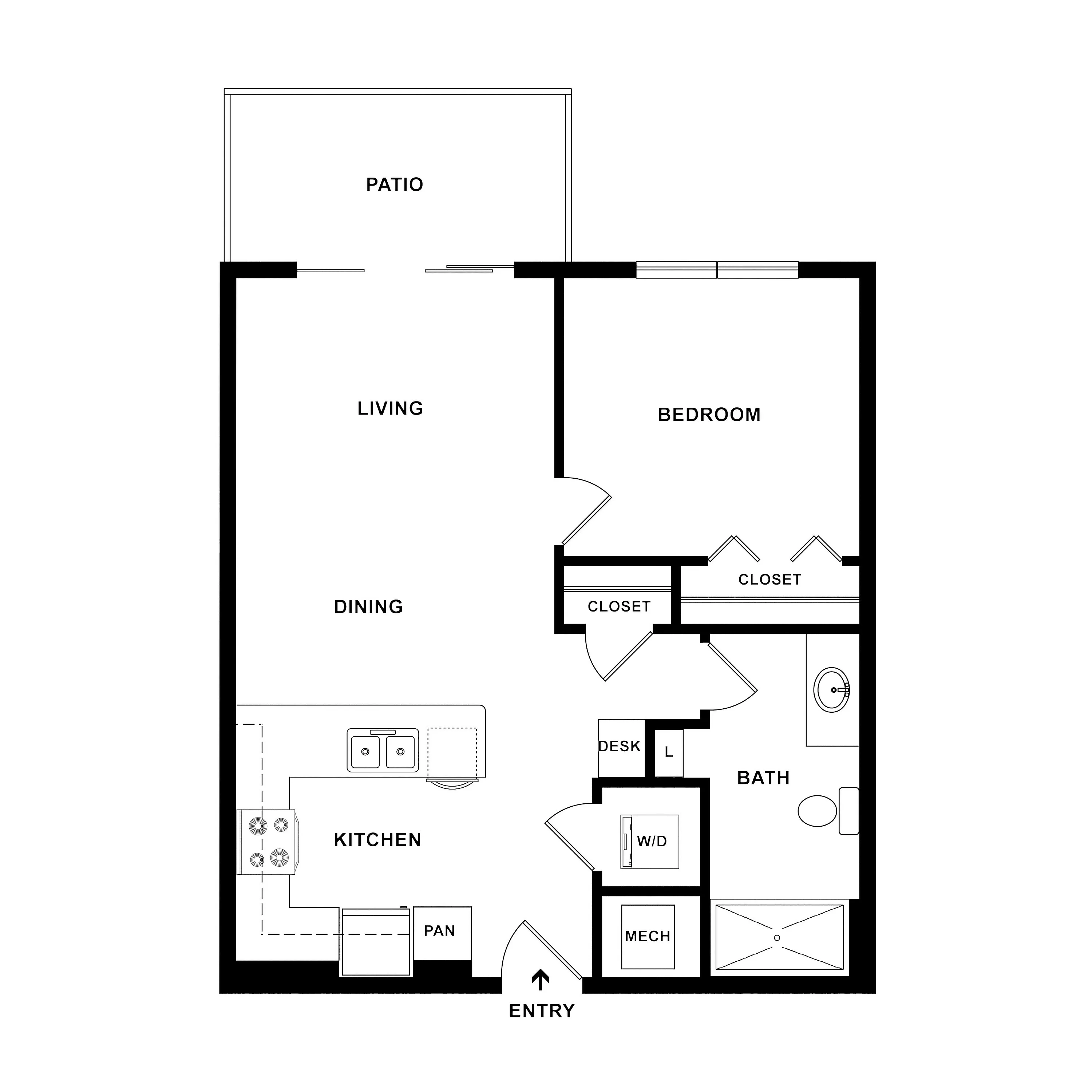 Cozy 1-bedroom apartment floor plan featuring a modern kitchen, spacious living and dining area, private patio, and convenient in-unit washer and dryer.