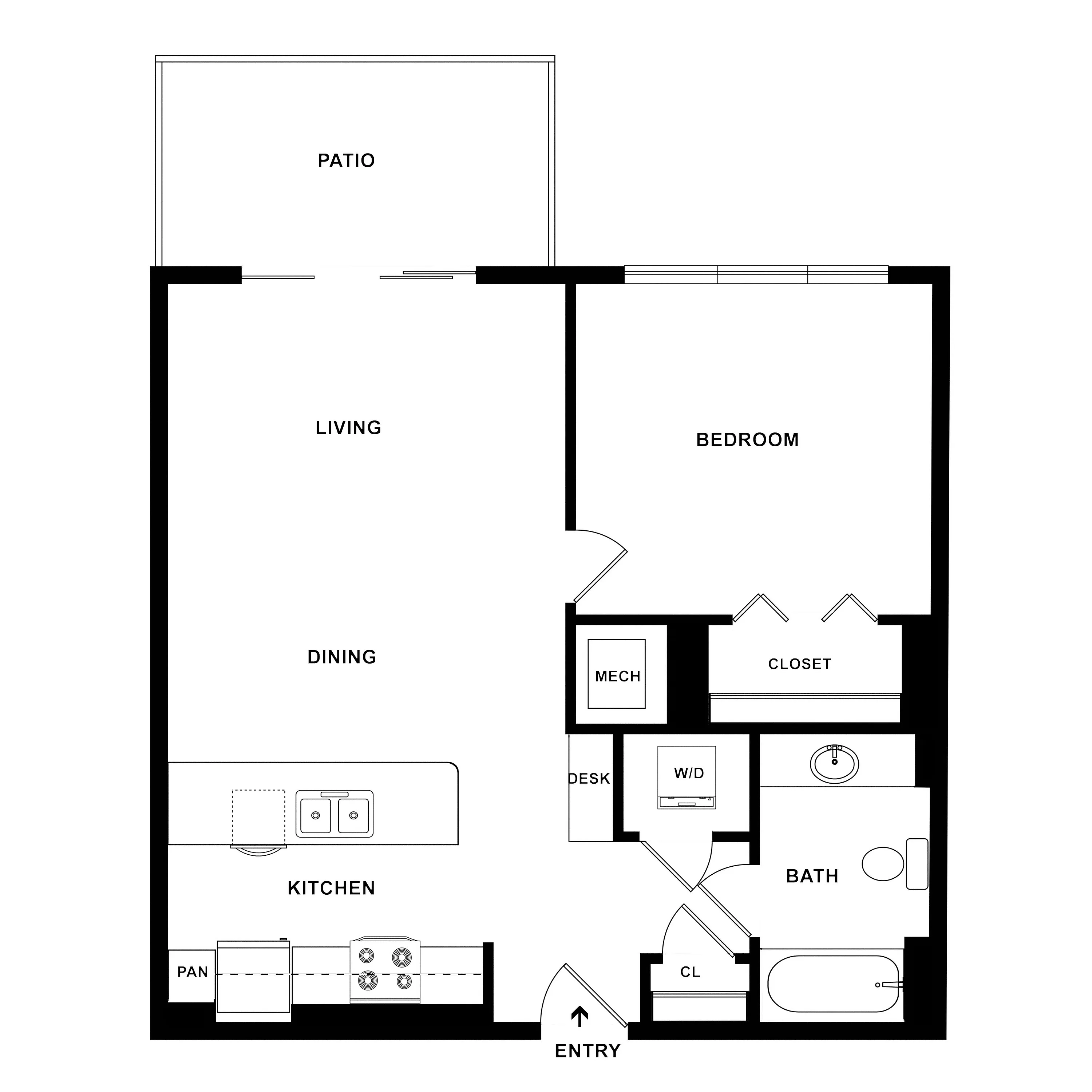 Modern one-bedroom floor plan featuring an open-concept living, dining, and kitchen area, with a private patio and convenient in-unit laundry.