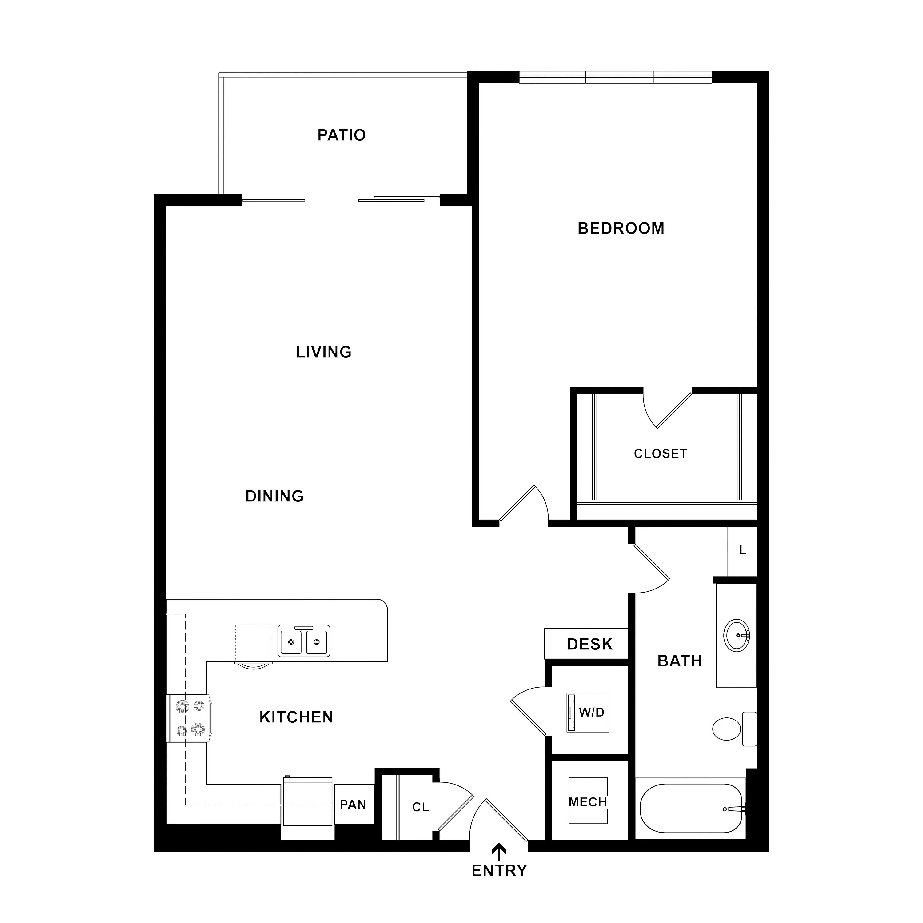 Modern floor plan showcasing 1 bedroom, spacious living and dining area, open kitchen with pantry, and a cozy patio.