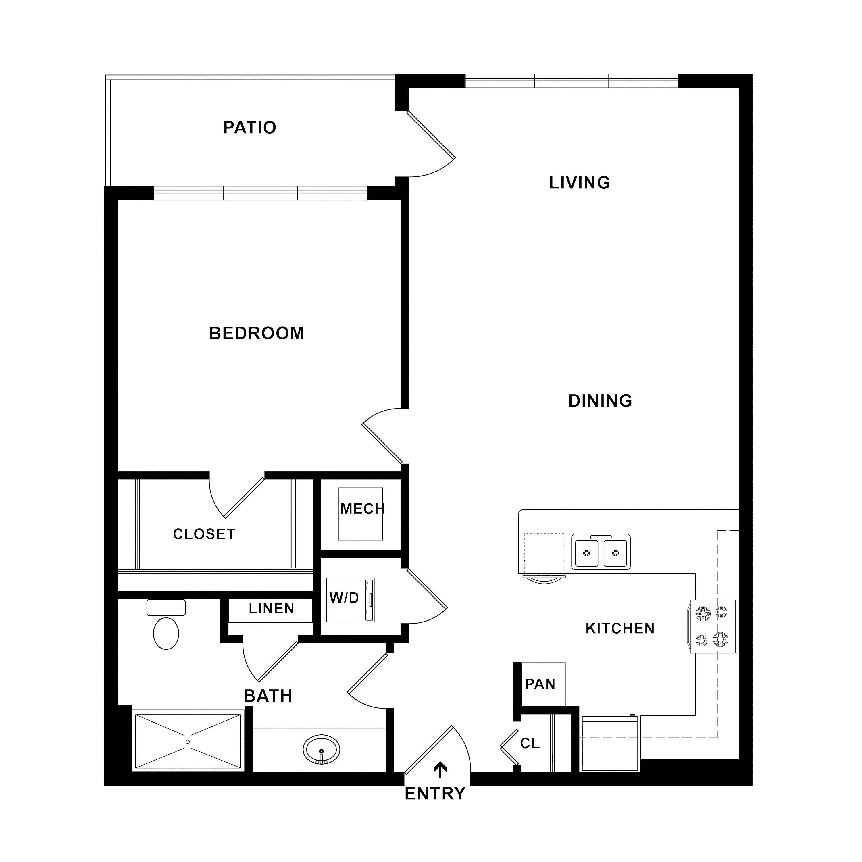 Modern 1-bedroom apartment floor plan with open dining and living area, kitchen, patio, and in-unit laundry, featuring stylish layout and efficient use of space.