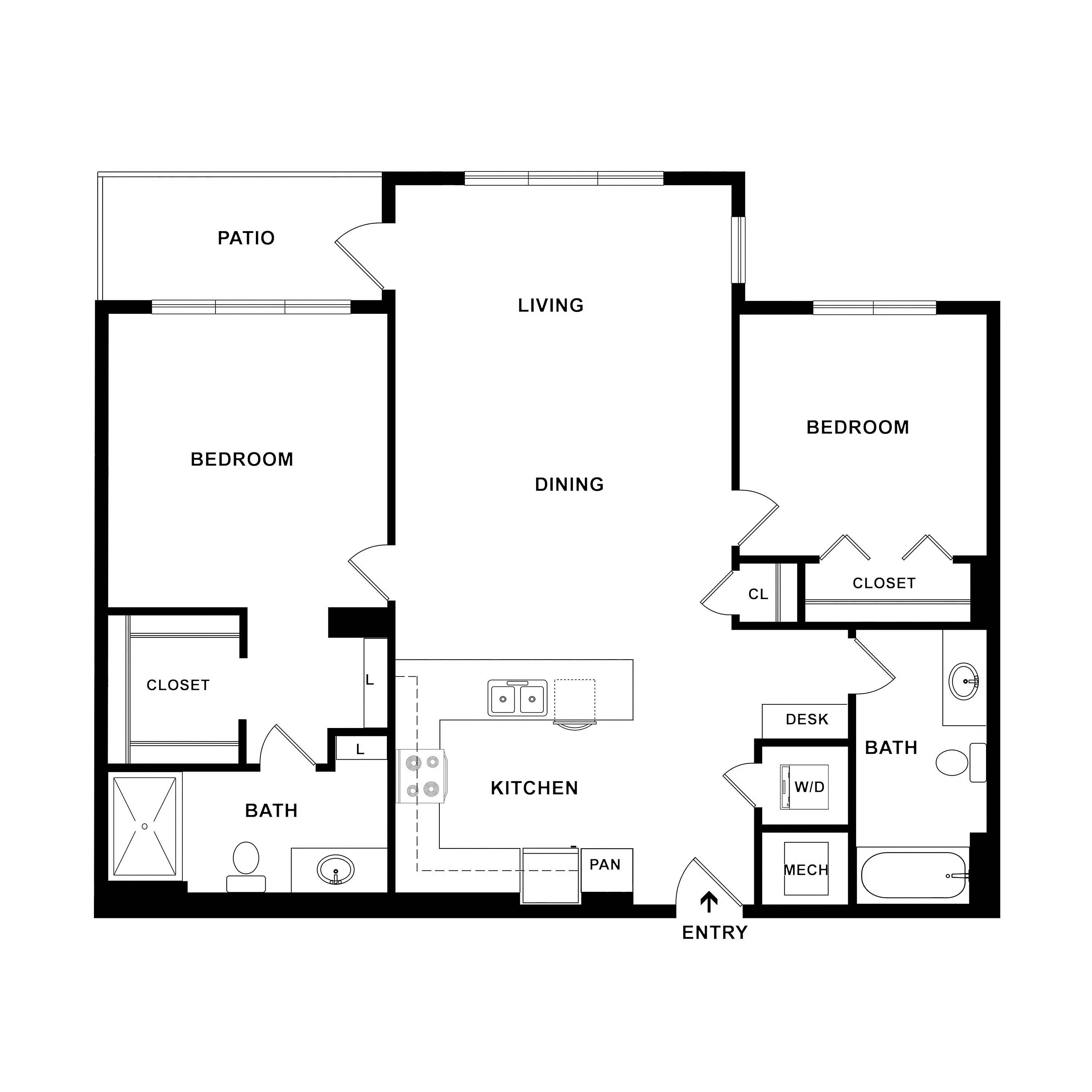Modern floor plan showcasing 2 bedrooms, expansive living and dining area, contemporary kitchen, and convenient patio space.