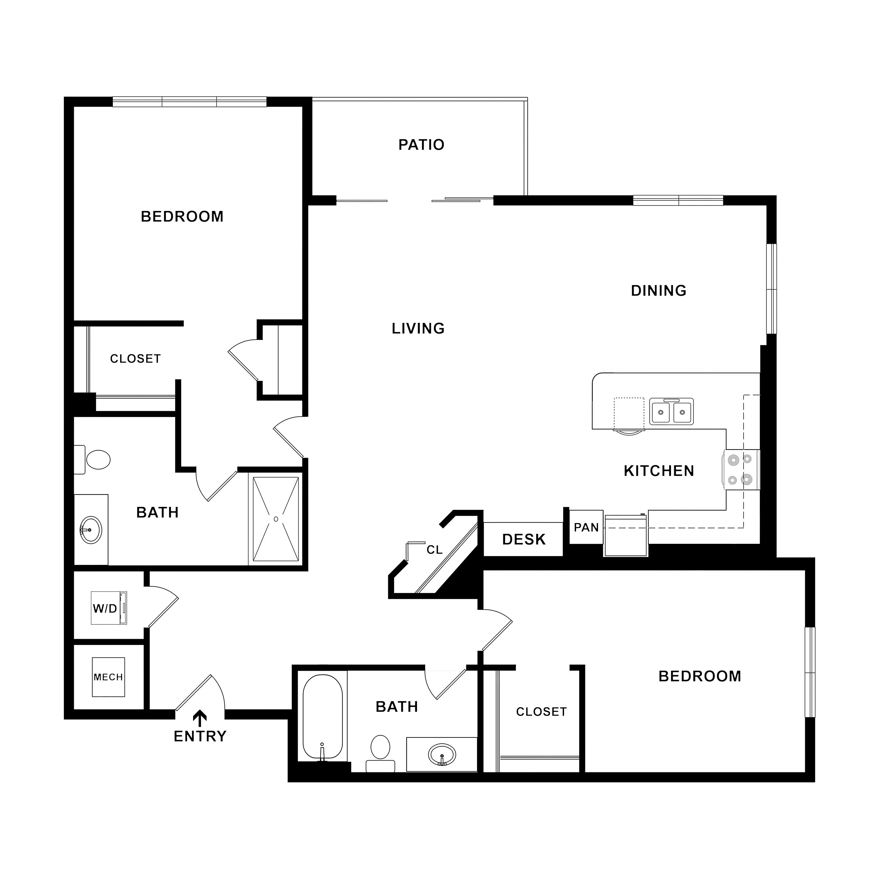 Modern floor plan featuring 2 spacious bedrooms, open living area with dining space, and a kitchen, complemented by a patio.