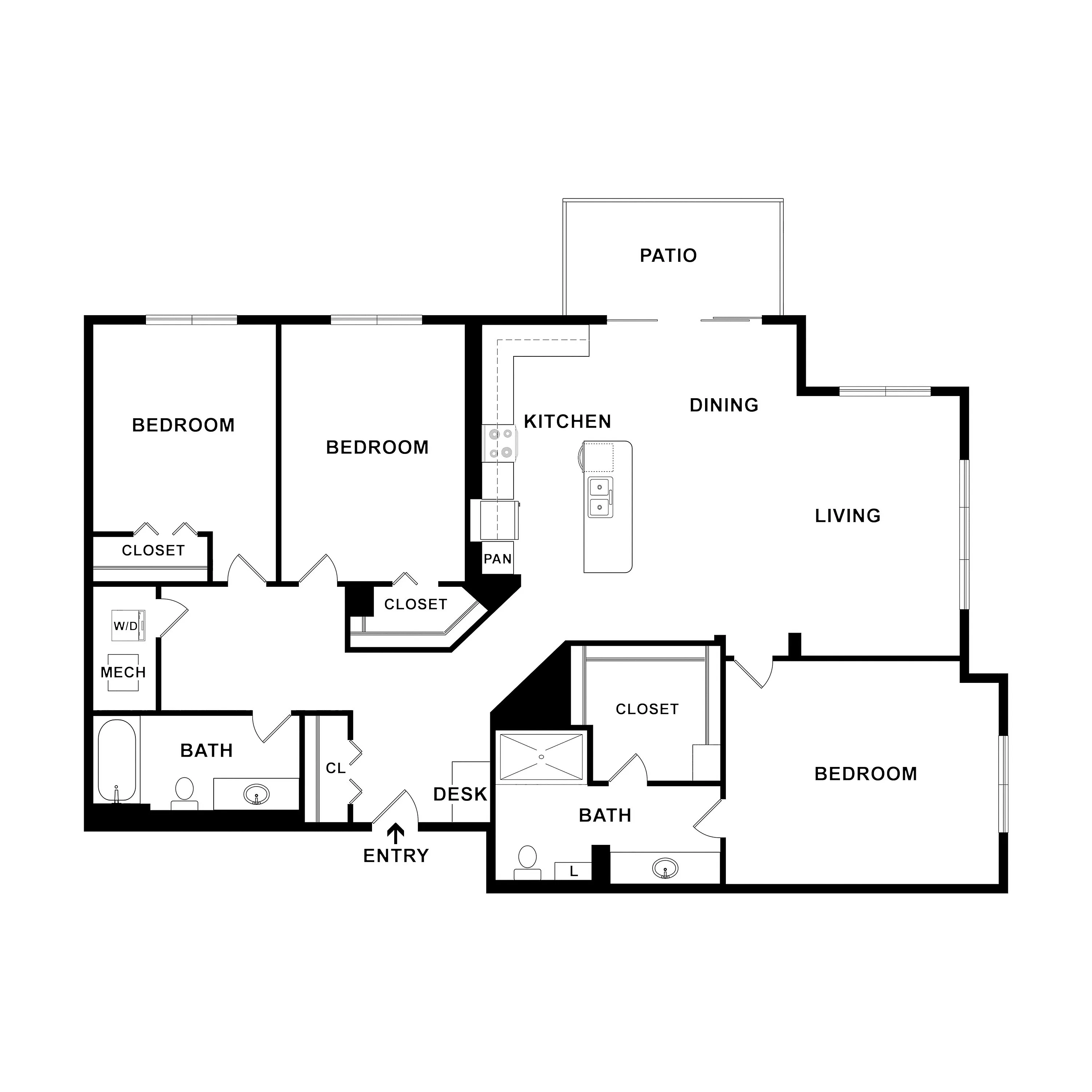 Modern floor plan with 3 bedrooms, open living and dining area, stylish kitchen, and a spacious patio.