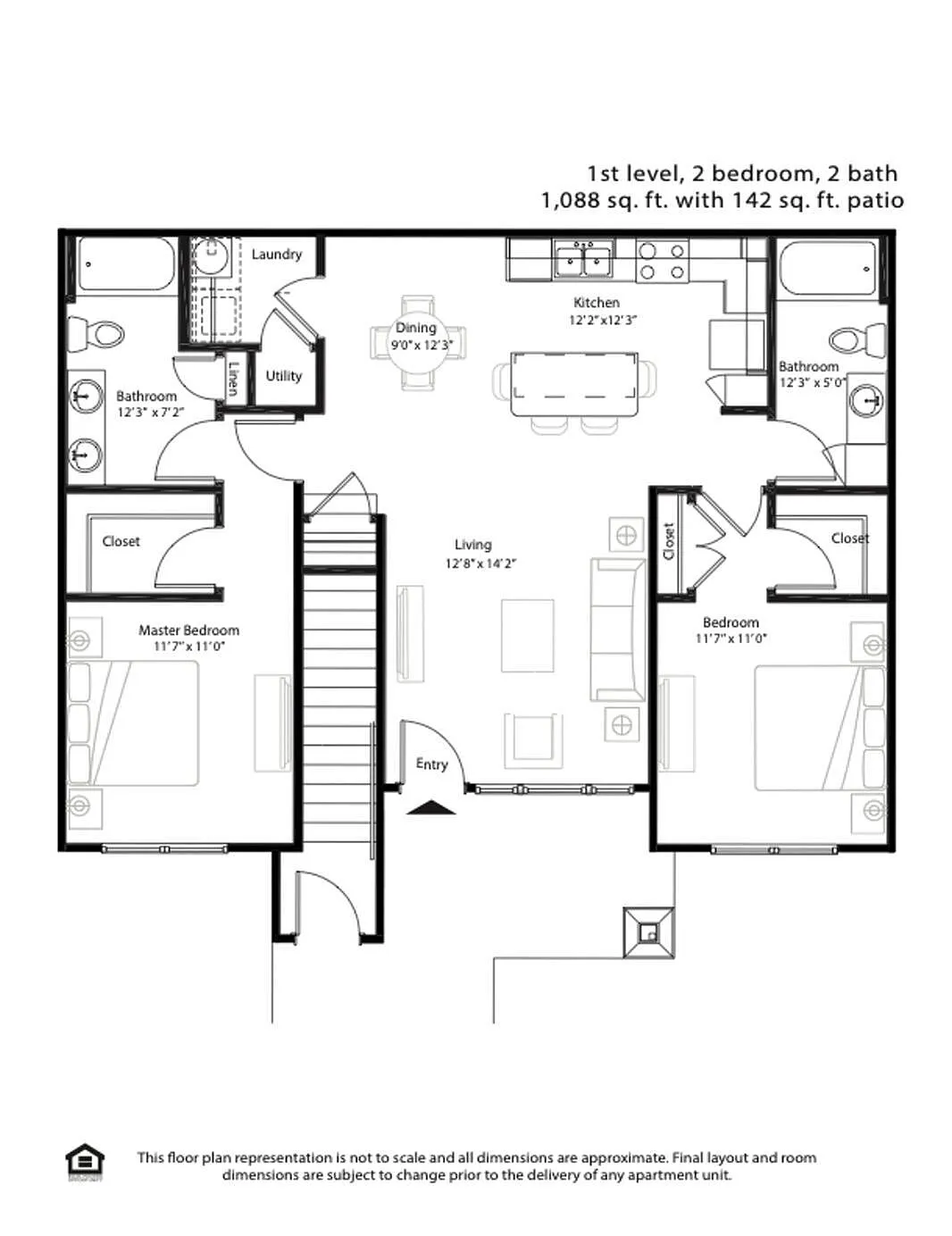 Charming 1st level floor plan featuring 2 bedrooms, 2 bathrooms, a spacious living area, and a modern kitchen, complete with a 142 sq. ft. patio, totaling 1,088 sq. ft.