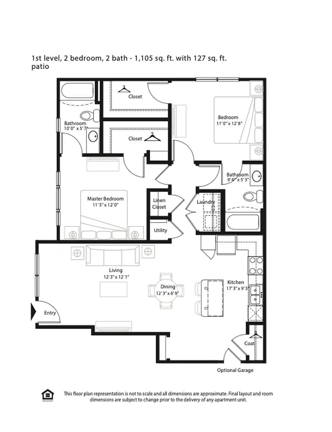 Modern 1st level floor plan featuring 2 bedrooms and 2 baths in a spacious 1,105 sq. ft area, with an additional 127 sq. ft patio, showcasing a comfortable living room, dining space, and a fully equipped kitchen.