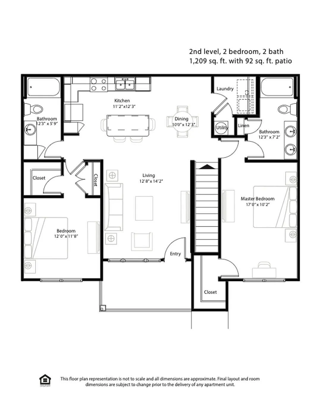 Elegant 2nd level floor plan with 2 bedrooms, 2 baths, featuring a spacious 1209 sq. ft. layout and a 92 sq. ft. patio, ideal for modern living.