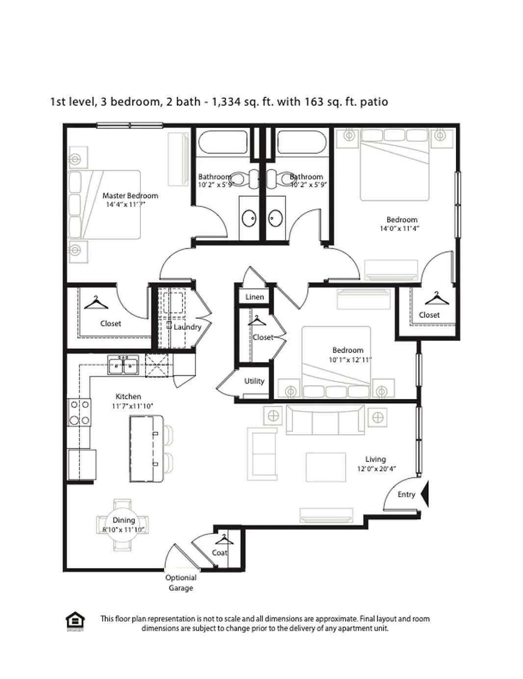 Inviting floor plan of a stylish first-level apartment featuring 3 bedrooms, open living area, modern kitchen, and 2 baths spanning 1,334 sq. ft. with an additional 163 sq. ft. patio.