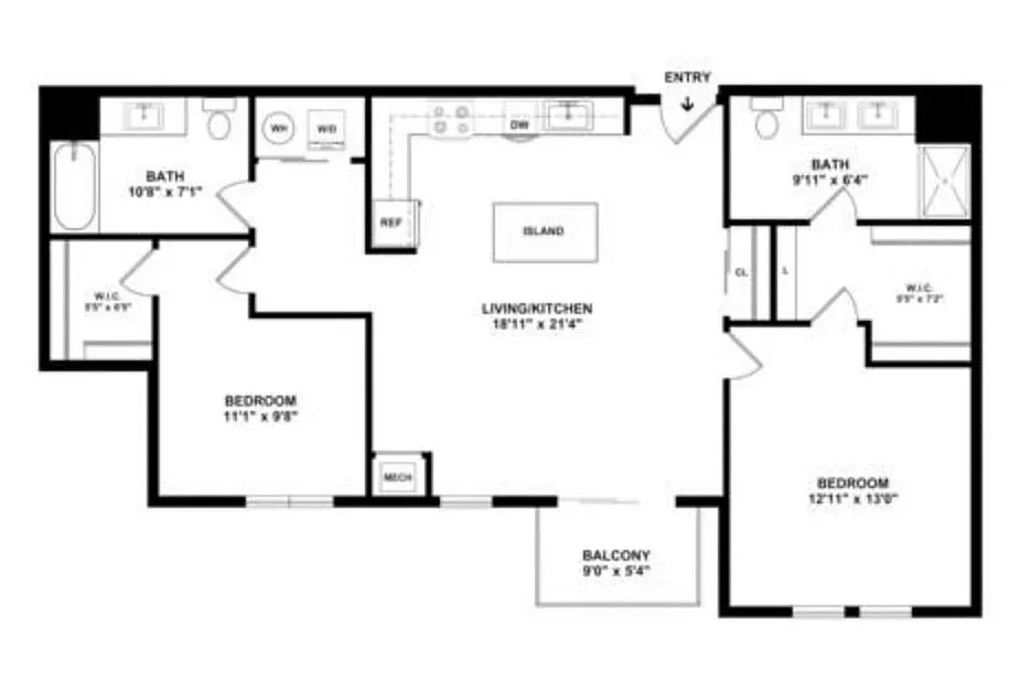 Modern floor plan showcasing 2 bedrooms, an expansive living kitchen area with island, 2 bathrooms, and a cozy balcony for relaxation.