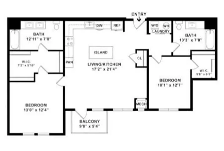 Modern floor plan showcasing an open-concept living and kitchen area with an island, two bedrooms, two baths, and a cozy balcony.