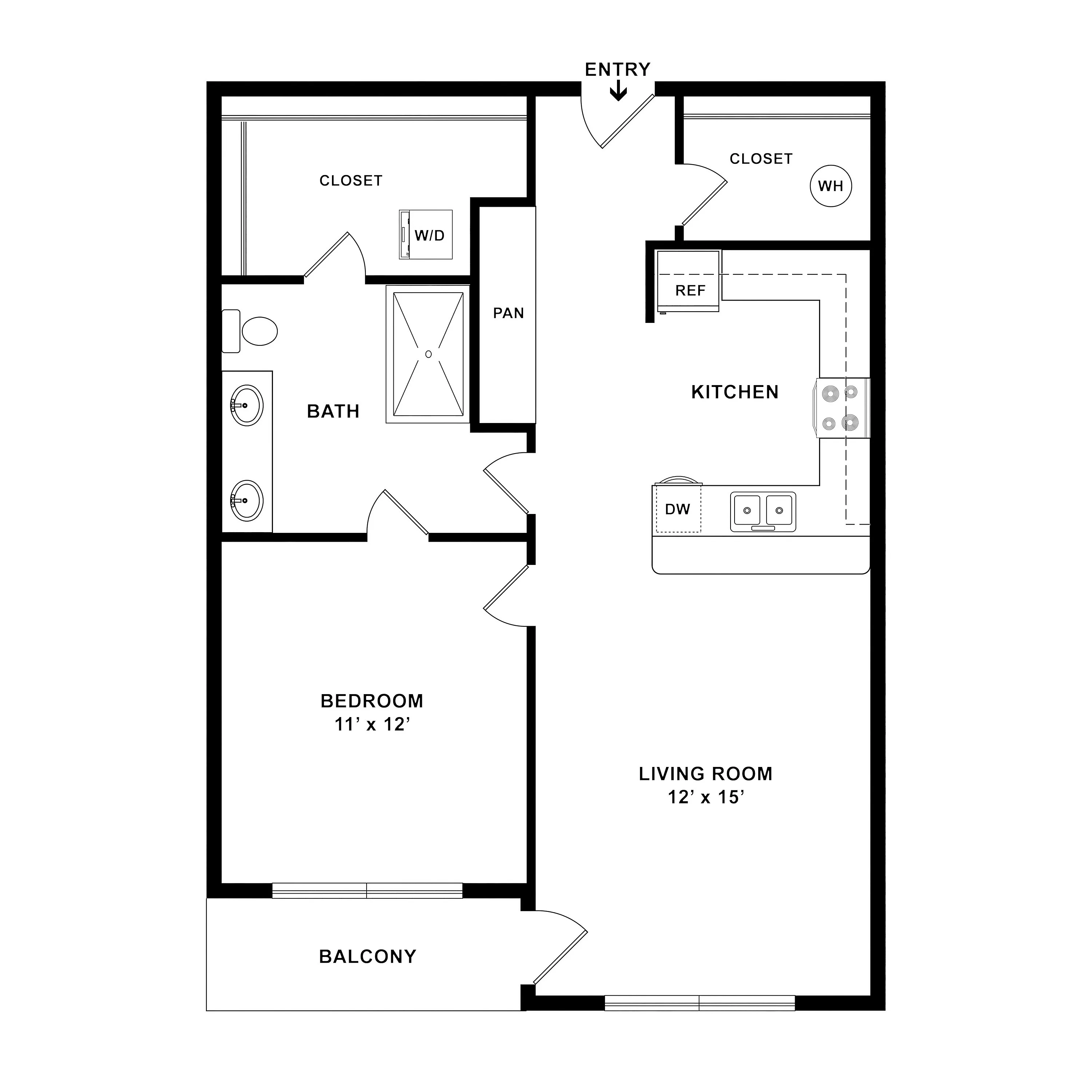 Modern 1-bedroom floor plan featuring open living room, sleek kitchen, dual-sink bath, and private balcony.